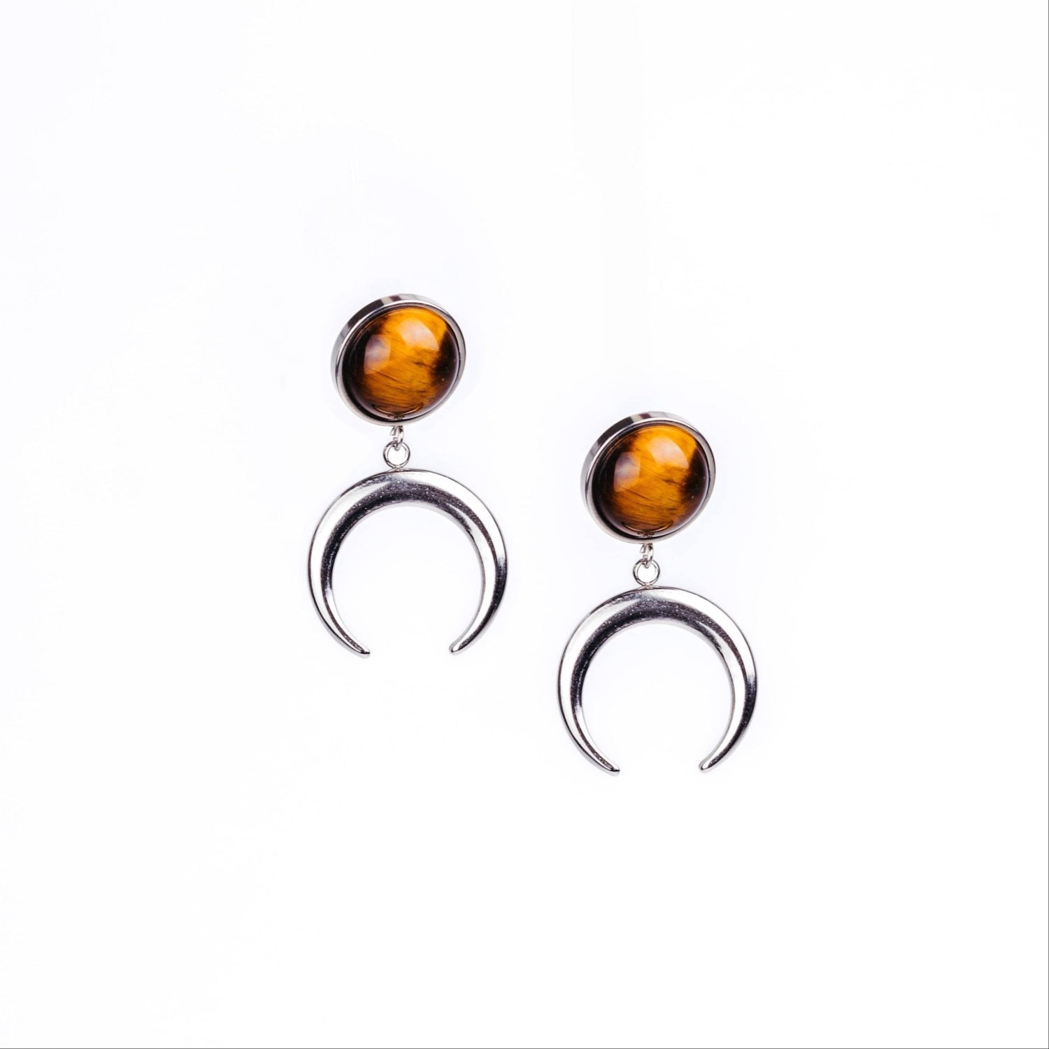 Solistial Women's Silver / Brown Anuk Tiger's Eye Moon Brown Earrings Silver