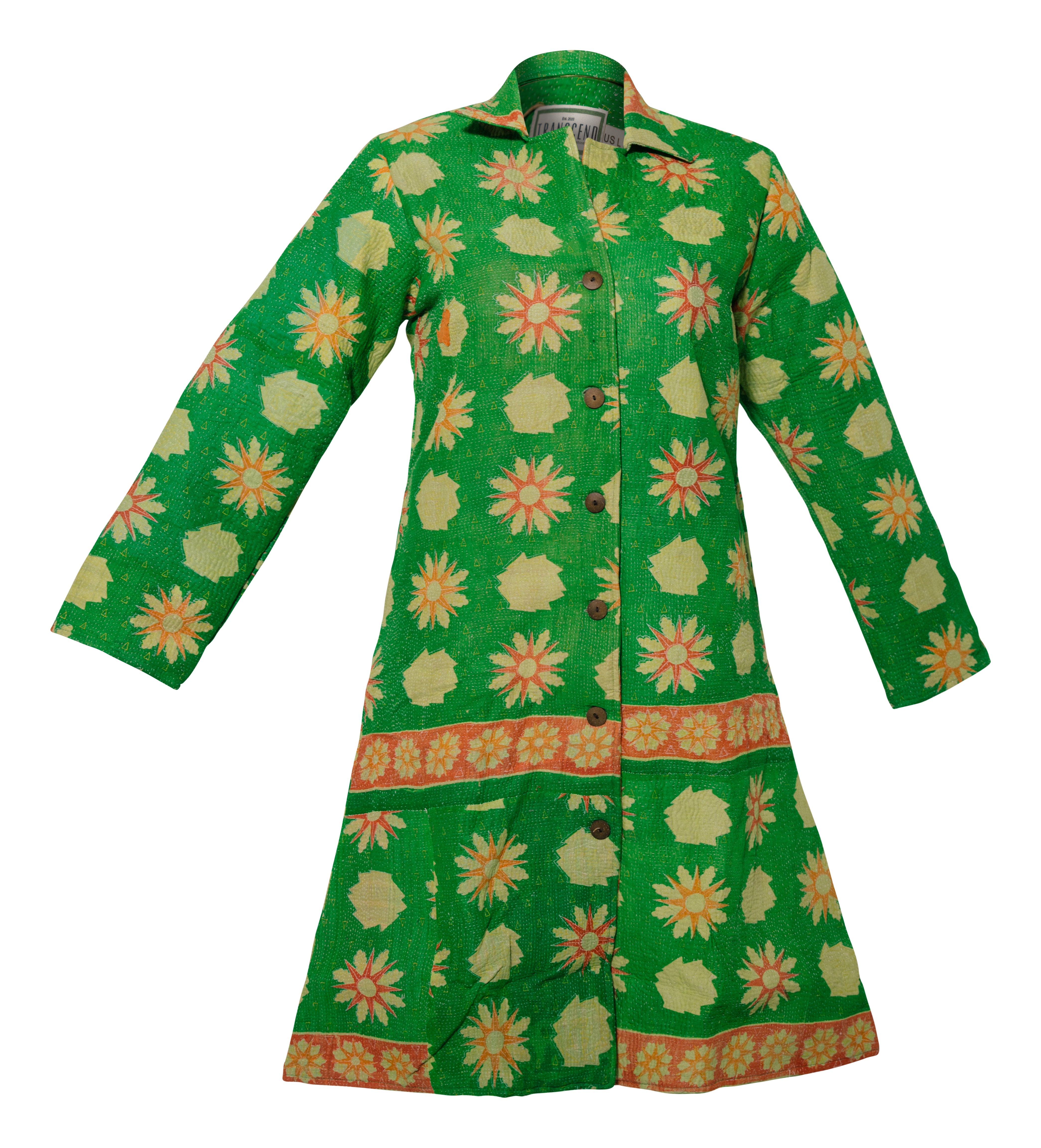 Transcend Women's Hira Coat - Vintage Kantha Coat Green Floral - Large In Green