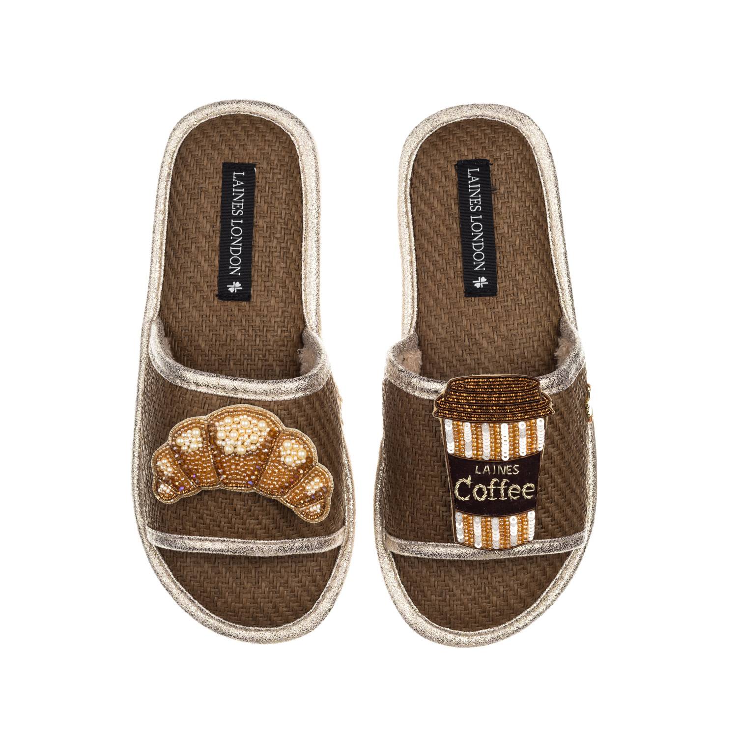 Laines London Women's Brown Straw Braided Sandals With Coffee & Croissant Brooches - Caramel In Brown