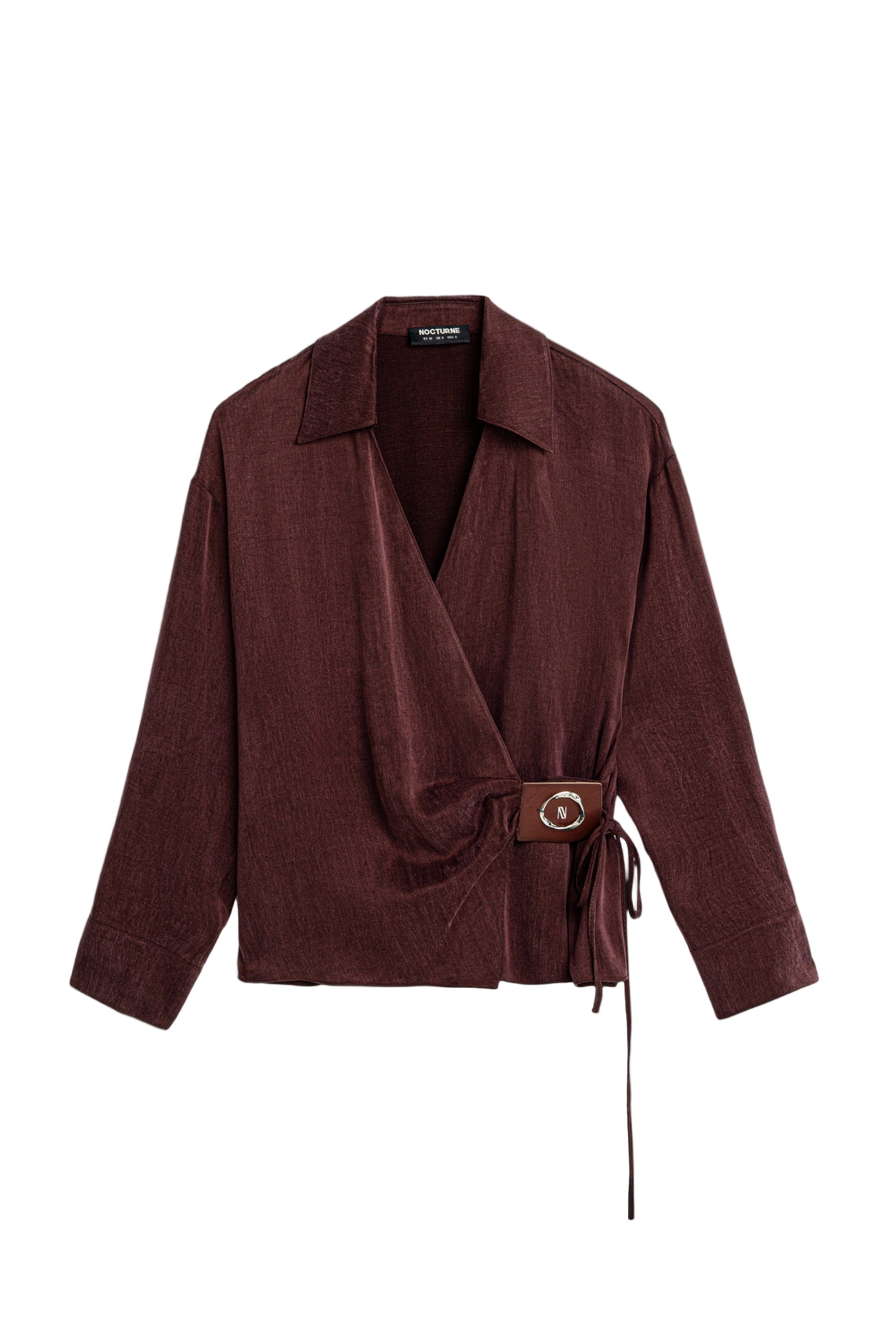 Nocturne Women's Red Burgundy Logo Buckle Wrap Blouse
