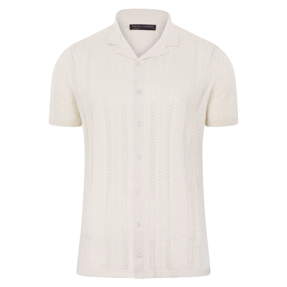 Paul James Knitwear White Mens Ultra Fine Cotton Santiago Open Knit Cuban Collar Shirt - Ecru In White