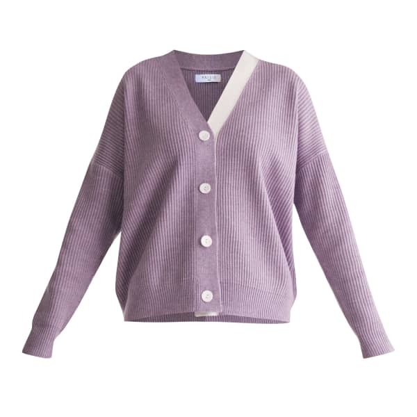 Paisie Knitted Cardigan With Side Neck Stripe In Lilac And White