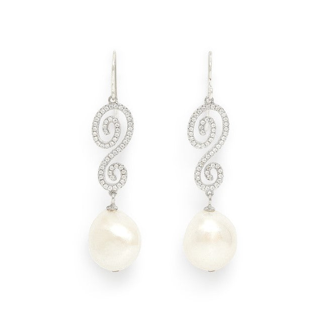 Women’s Silver / White Stella Long Pave Swirl Earrings With Baroque Cultured Freshwater Pearl Drops Pearls of the Orient Online