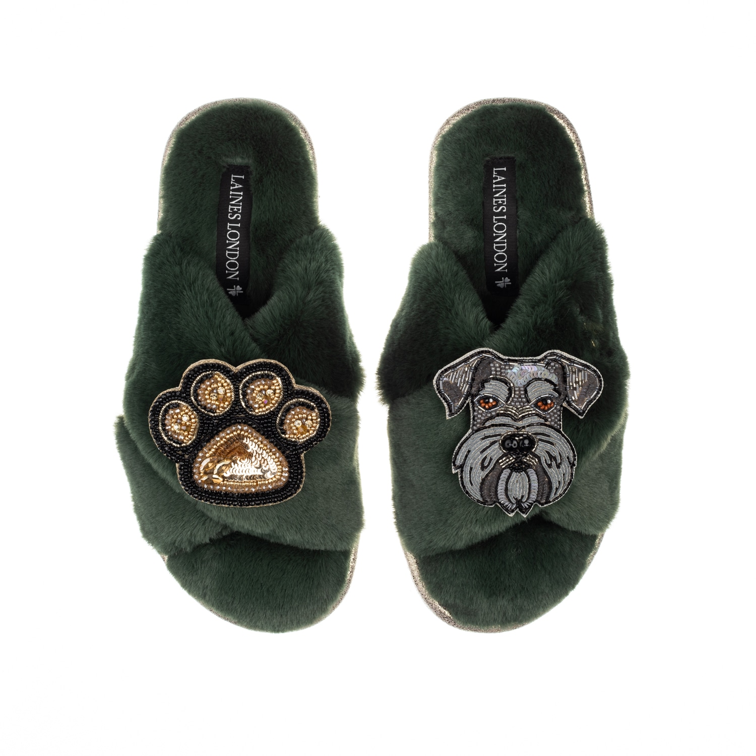 Laines London Women's Classic Laines Slippers With Ernie The Schnauzer & Paw Brooches - Limited Edition Green In Green