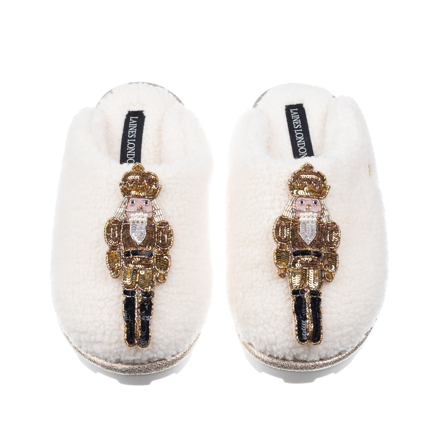 Laines London Women's Neutrals / White Teddy Closed Toe Slippers With Double Gold Grand Nutcrackers Brooches - Cre In White