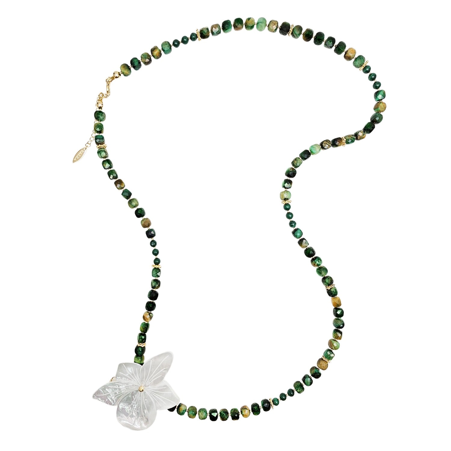 Farra Women's Green Cube Tiger-eye Stone With Giant Flower Shell Long Necklace In Metallic