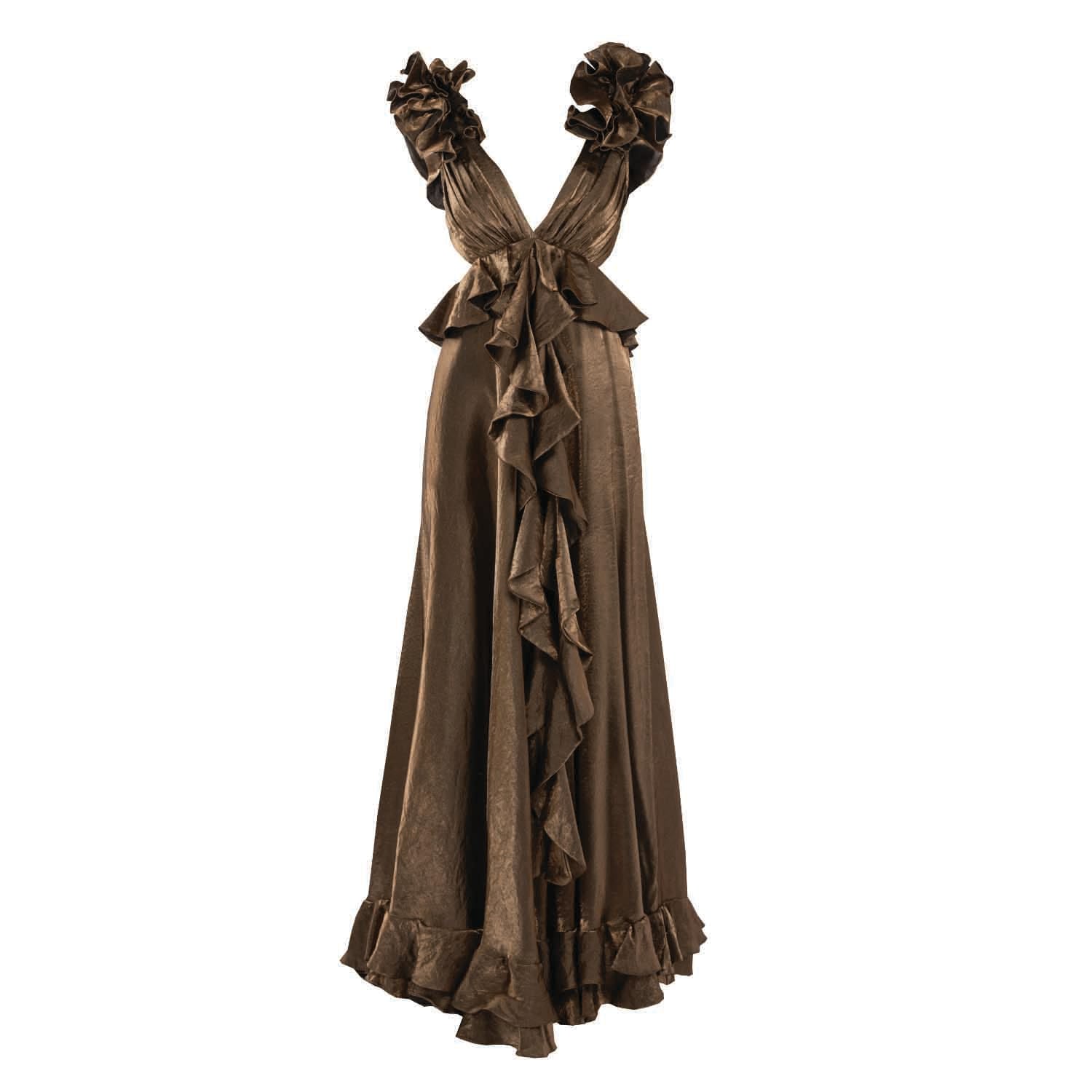 Monarh Women's Brown Ruffled Maxi Dress With Deep V Back – Bronze In Brown