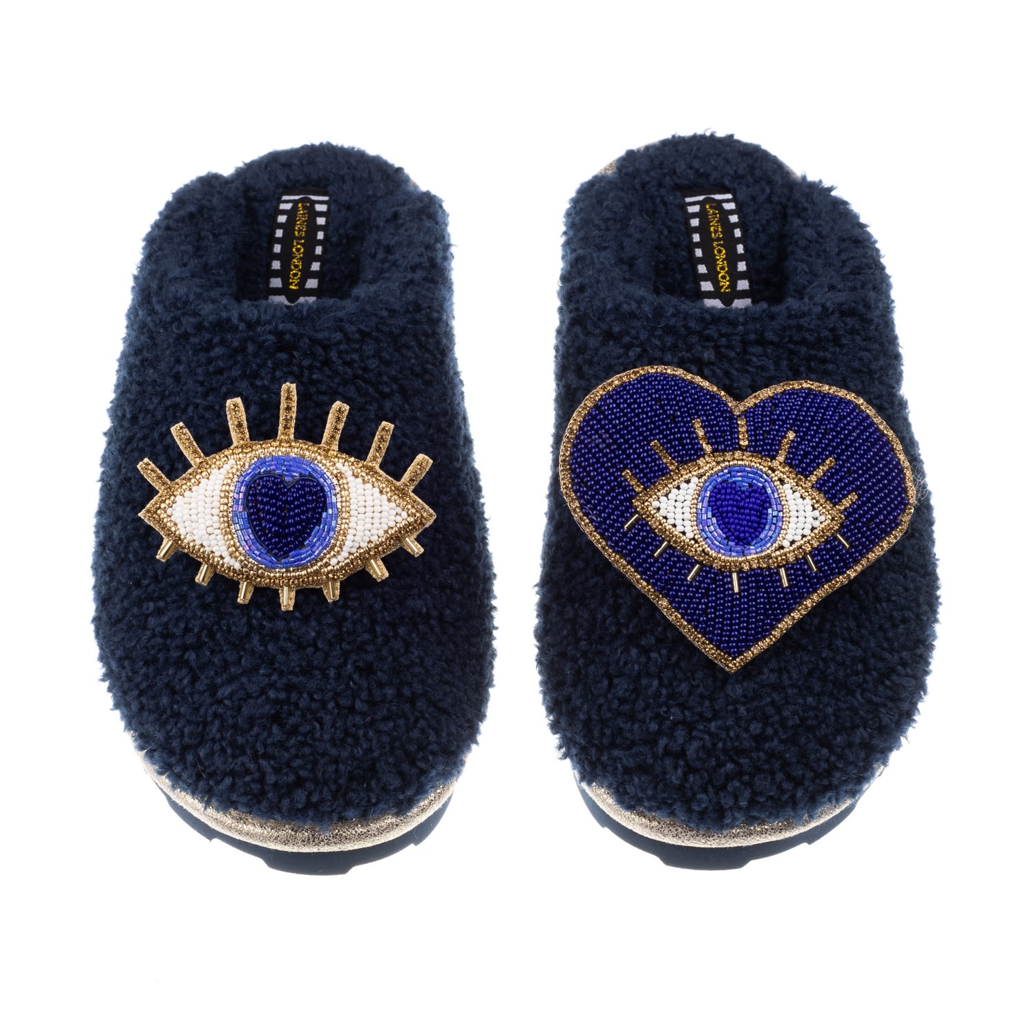 Women’s Teddy Towelling Closed Toe Slippers With Double Blue Eye Brooches - Navy Small Laines London