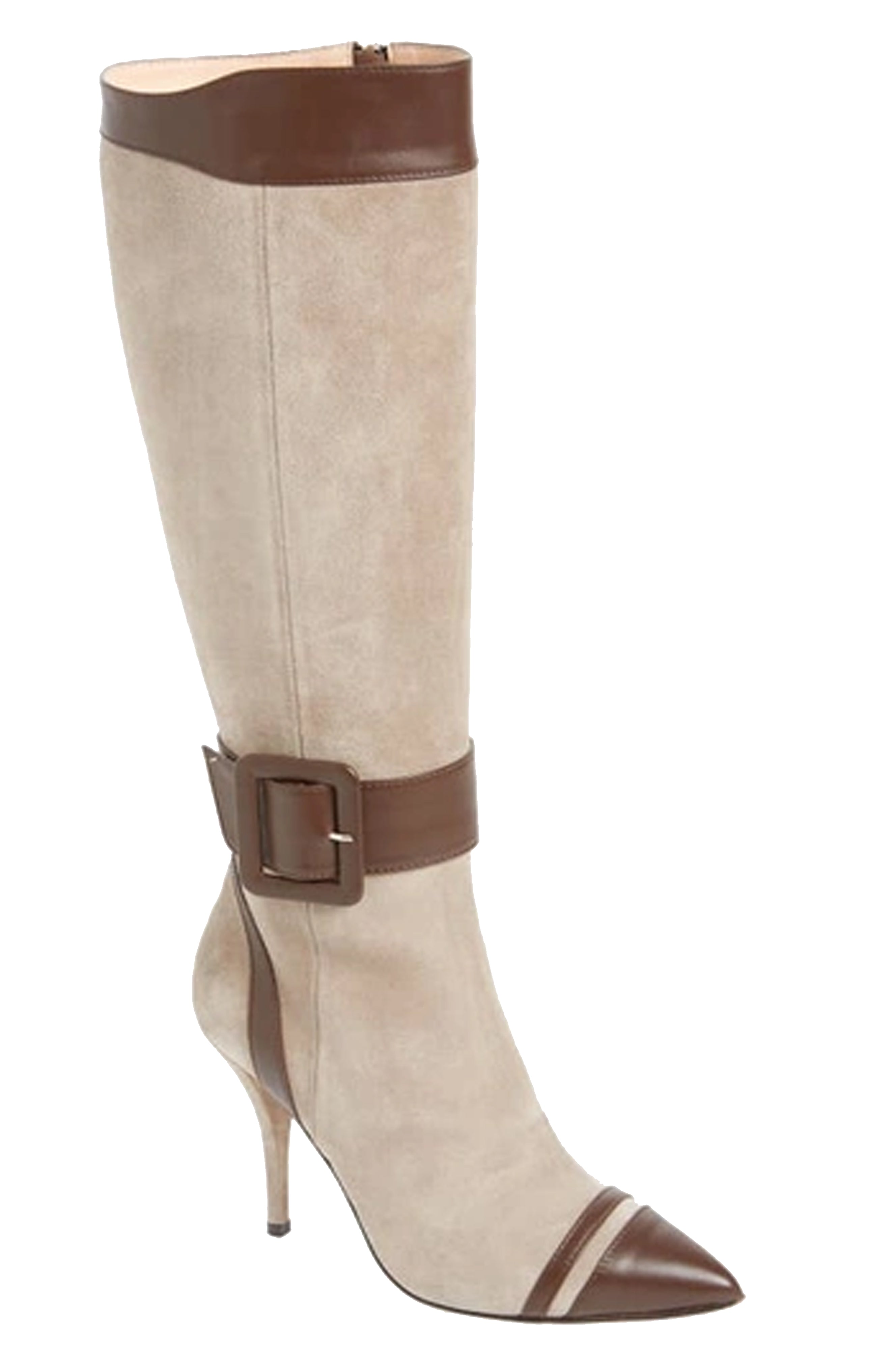 Beautiisoles By Robyn Shreiber Made In Italy Women's Alexis Beige Suede Boot Under Knee High Heel With Buckle Comfortable & Dressy In Beige