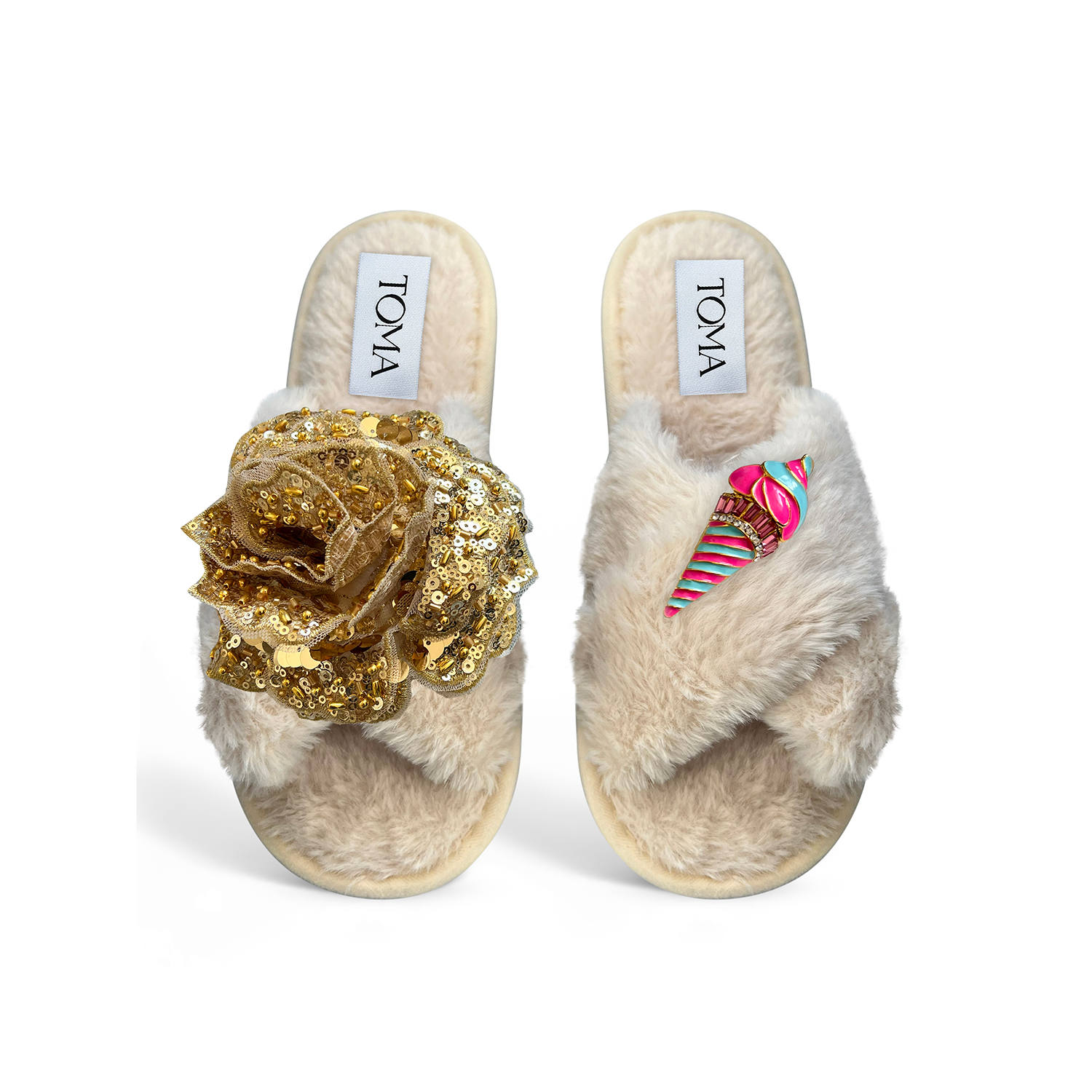 Toma Women's Neutrals Classic  Open Toe Gold Sequin Flower And Candy Ice Cream Beige Slippers In Neutral
