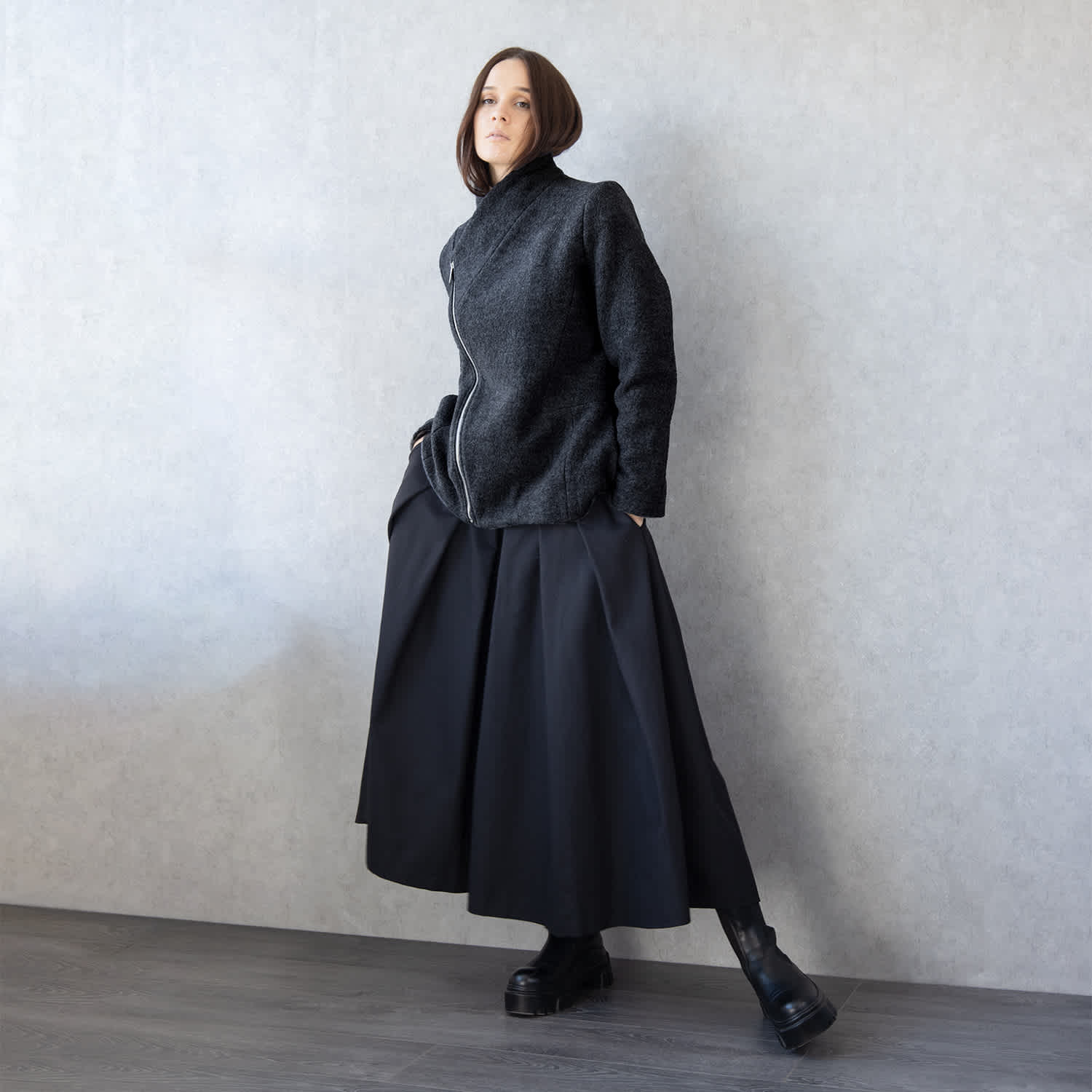 Black Wool Jacket With Asymmetric Zip – Handmade From Italian