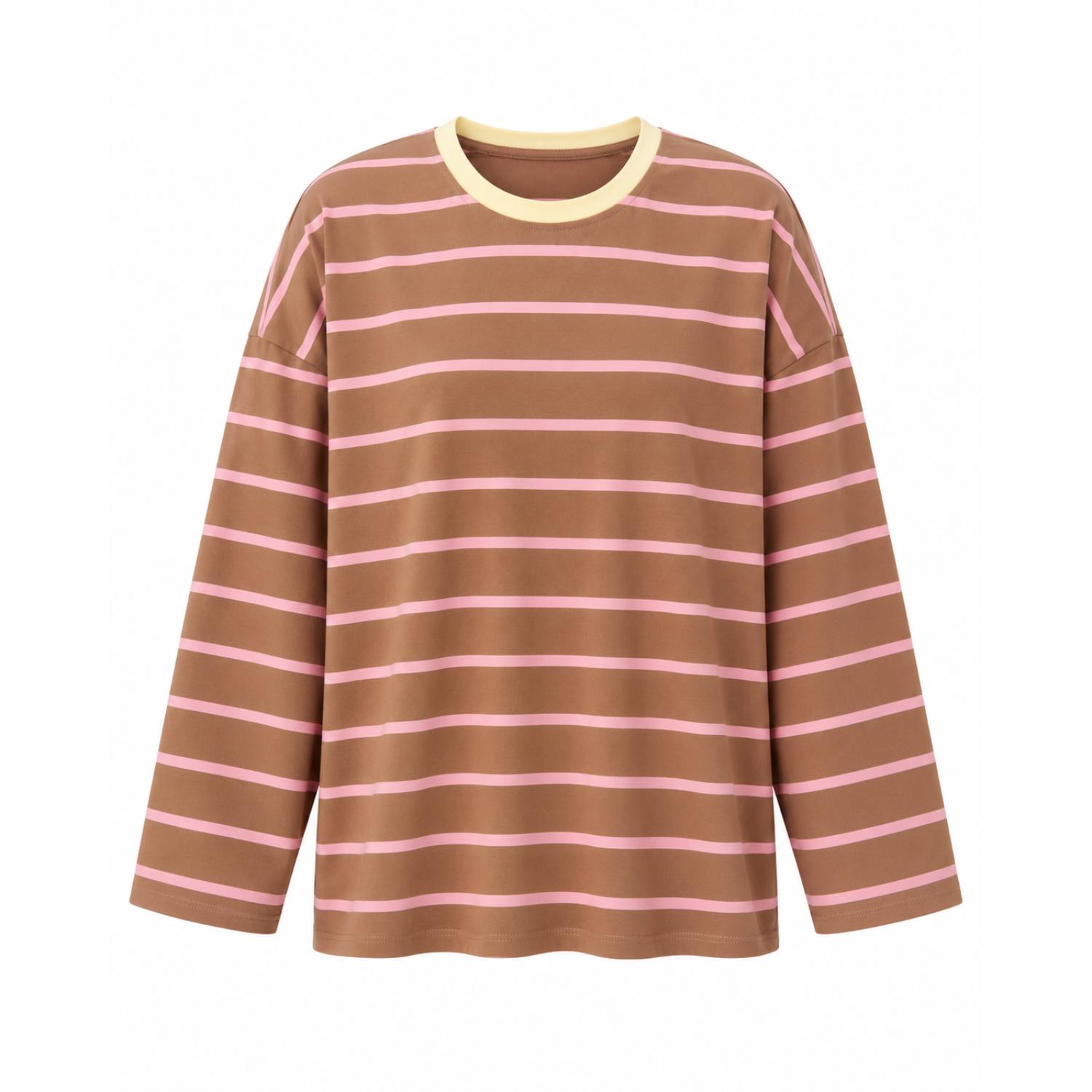 Mind Traveler Women's Brown & Pink Striped Miriam Top With Contrast Neckline