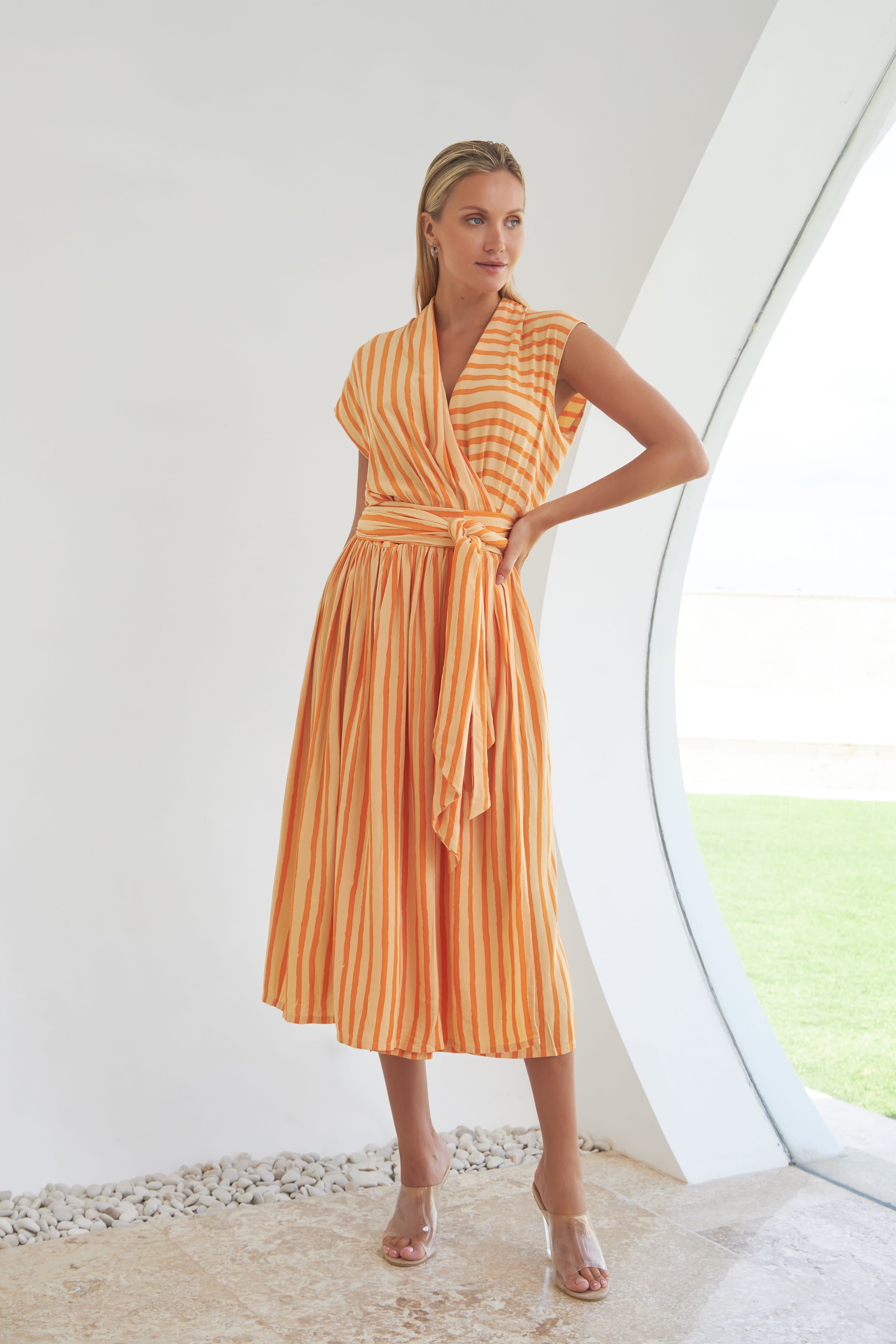 The Point Dress Long Orange Film Stripe by STATE OF GEORGIA