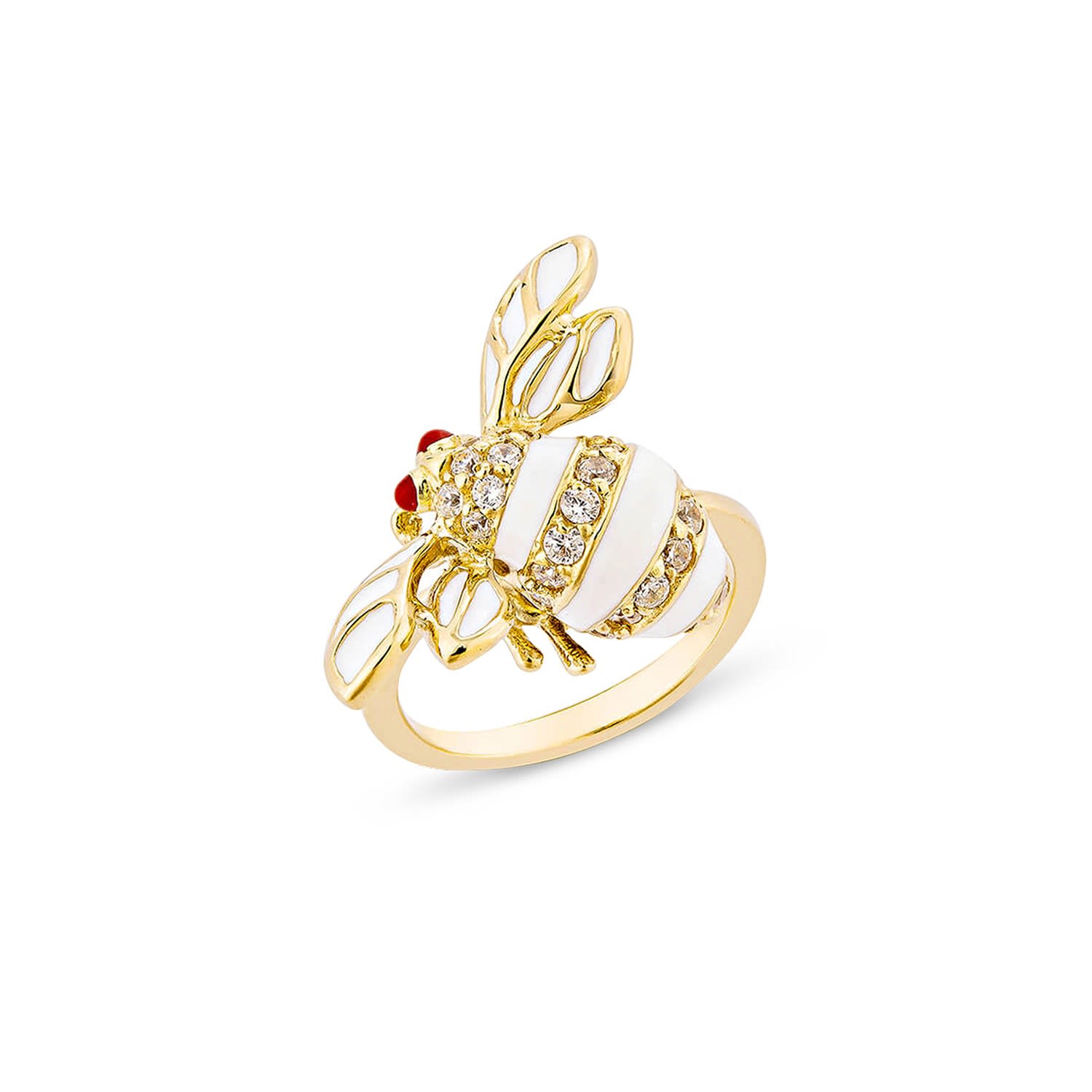 Sally Skoufis Women's White / Gold Queen Bee Midi Ring With Man Made Cz Diamond Stimulant & Ivory Enamel In 18k Go In Multi