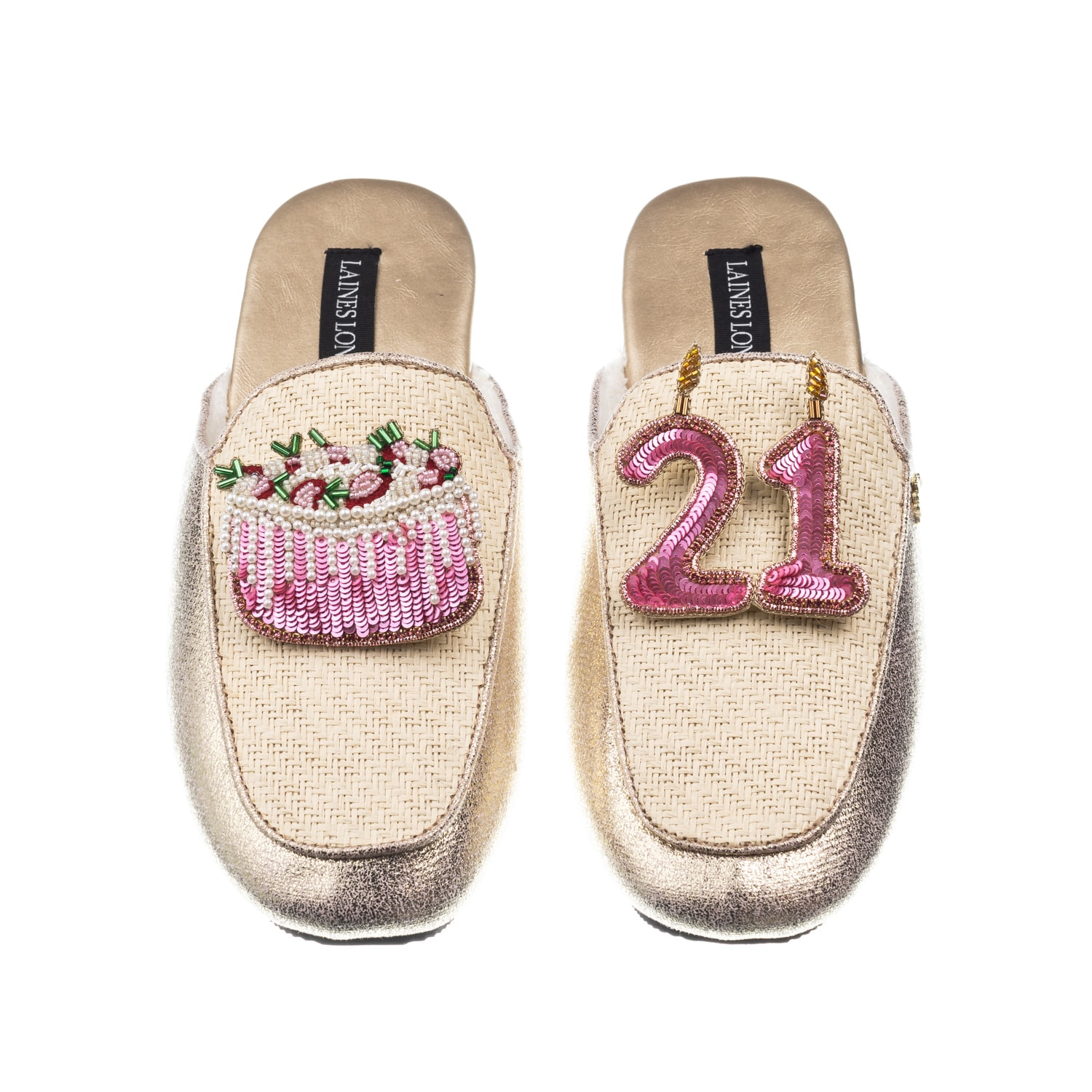 Laines London Women's Gold / Neutrals Classic Mules With 21st Birthday & Cake Brooches - Cream & Gold In Gold