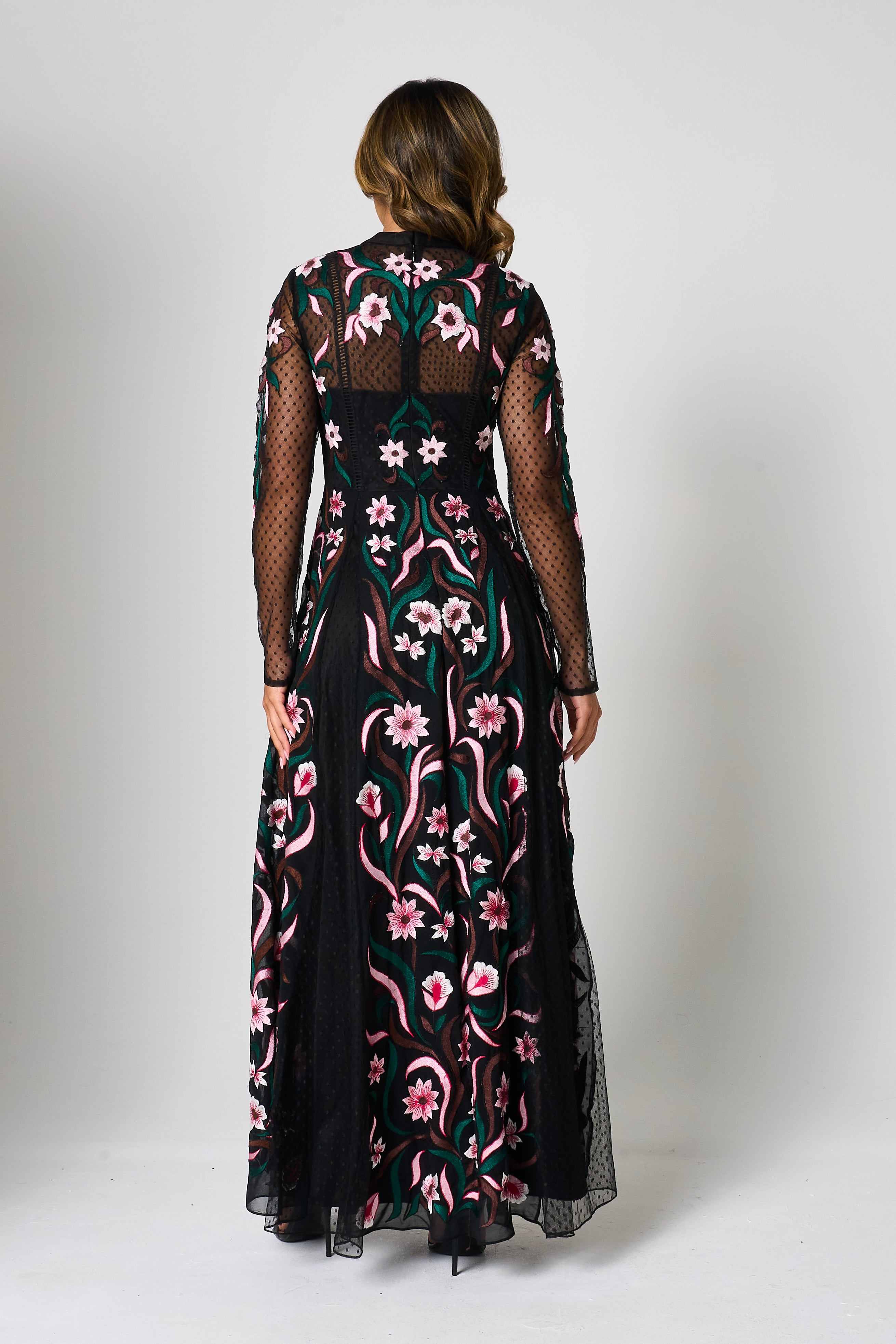 Women's Liana Black Floral Embroidered Maxi Dress | Small