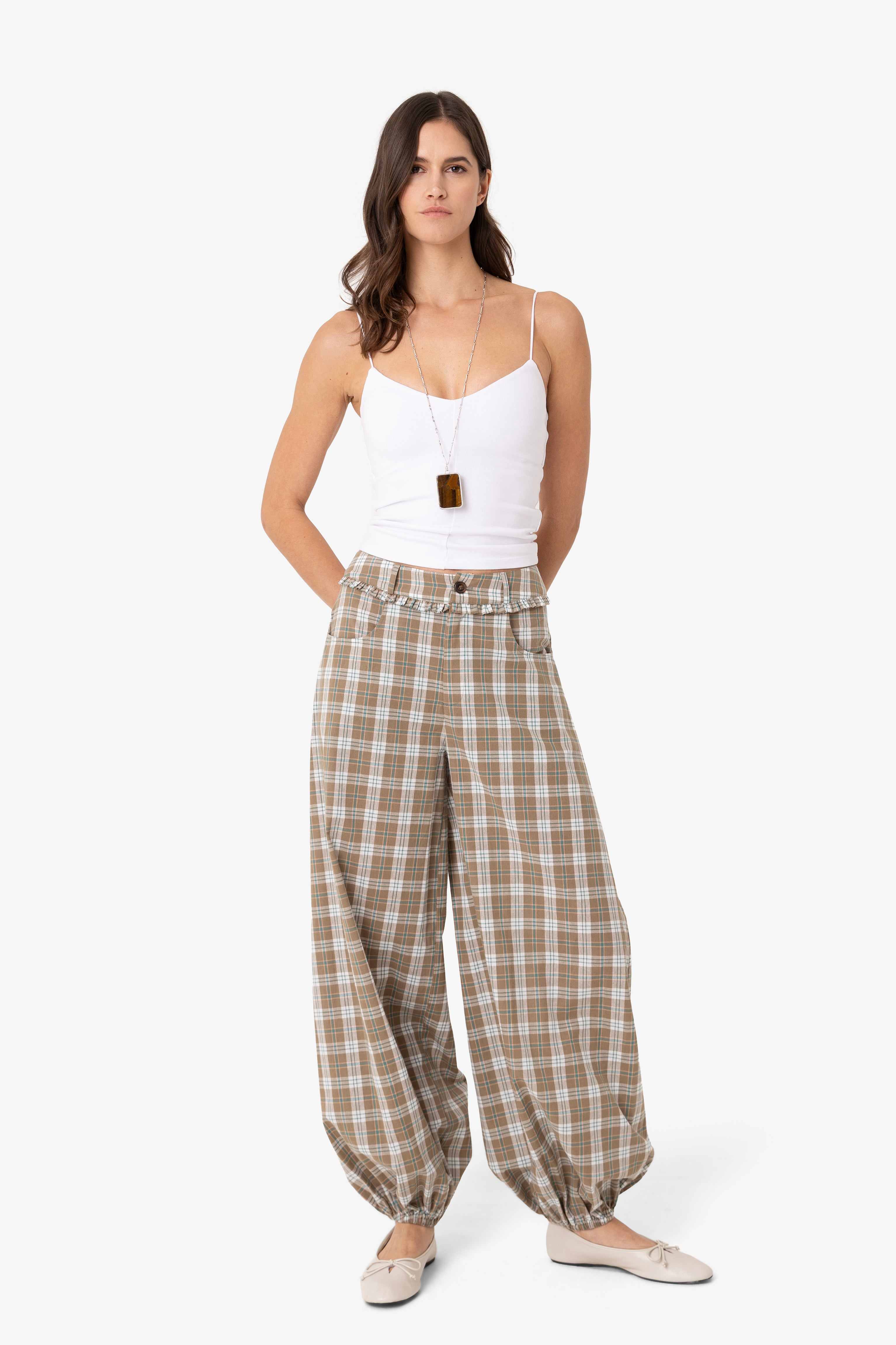 Esme Green Check Cotton Balloon Trousers | AMY LYNN | Wolf & Badger