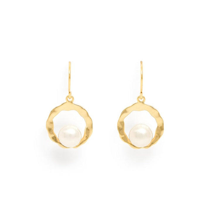 Women’s White / Gold Credo Gold Hollow Disk Earrings With Cultured Freshwater Pearls On Gold Fill Hooks Pearls of the Orient Online