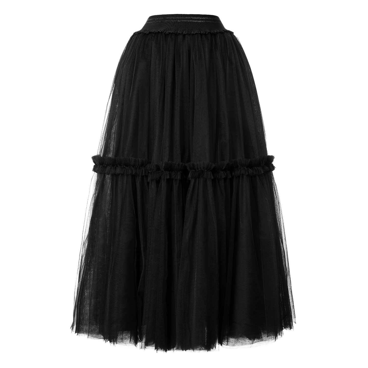Ruffled Tulle Maxi Skirt In Black – Tiered Hem And Shimmer