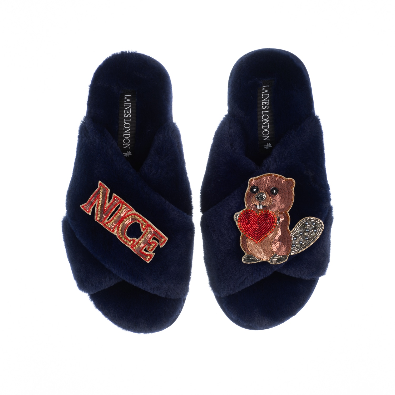 Laines London Women's Blue Classic Laines Slippers With Nice Beaver Brooches - Navy In Black