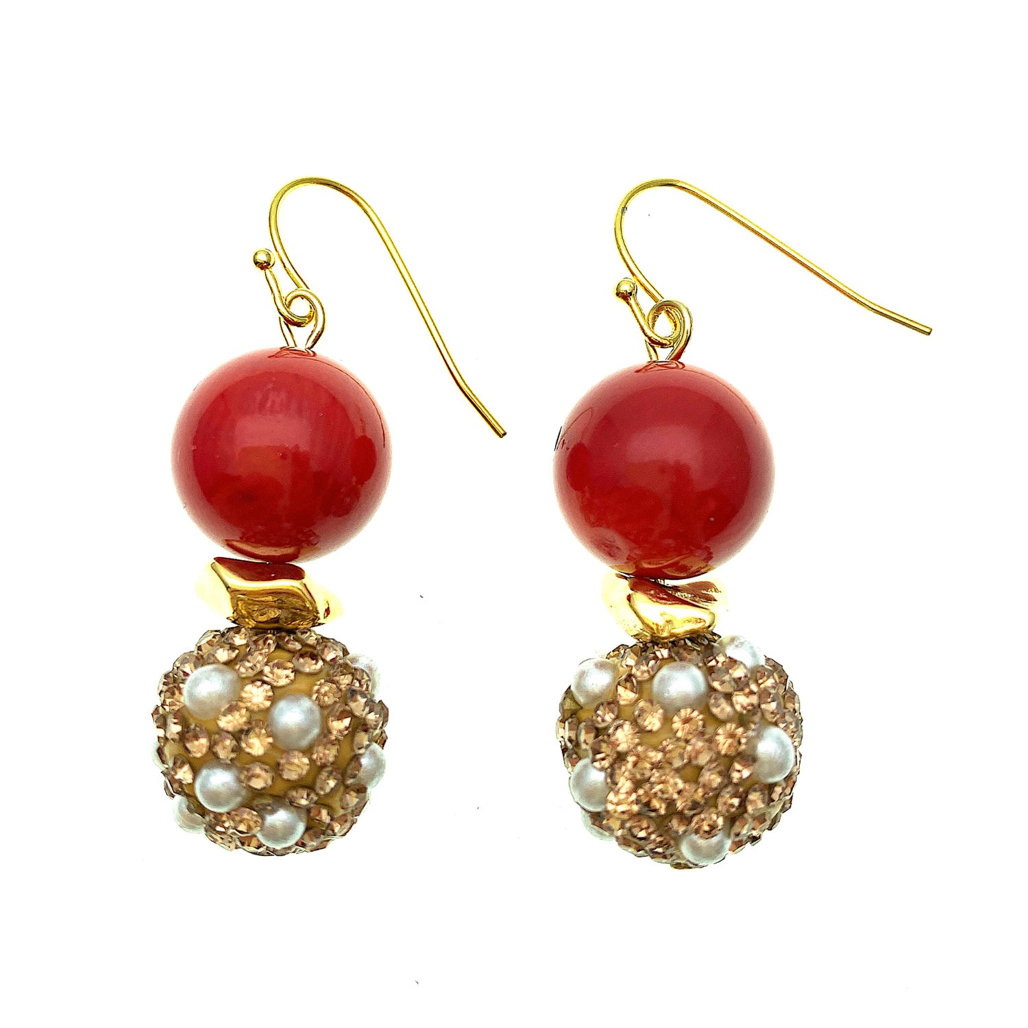 Farra Women's Red Coral With Rhinestones Bordered Pearls Earrings In Red