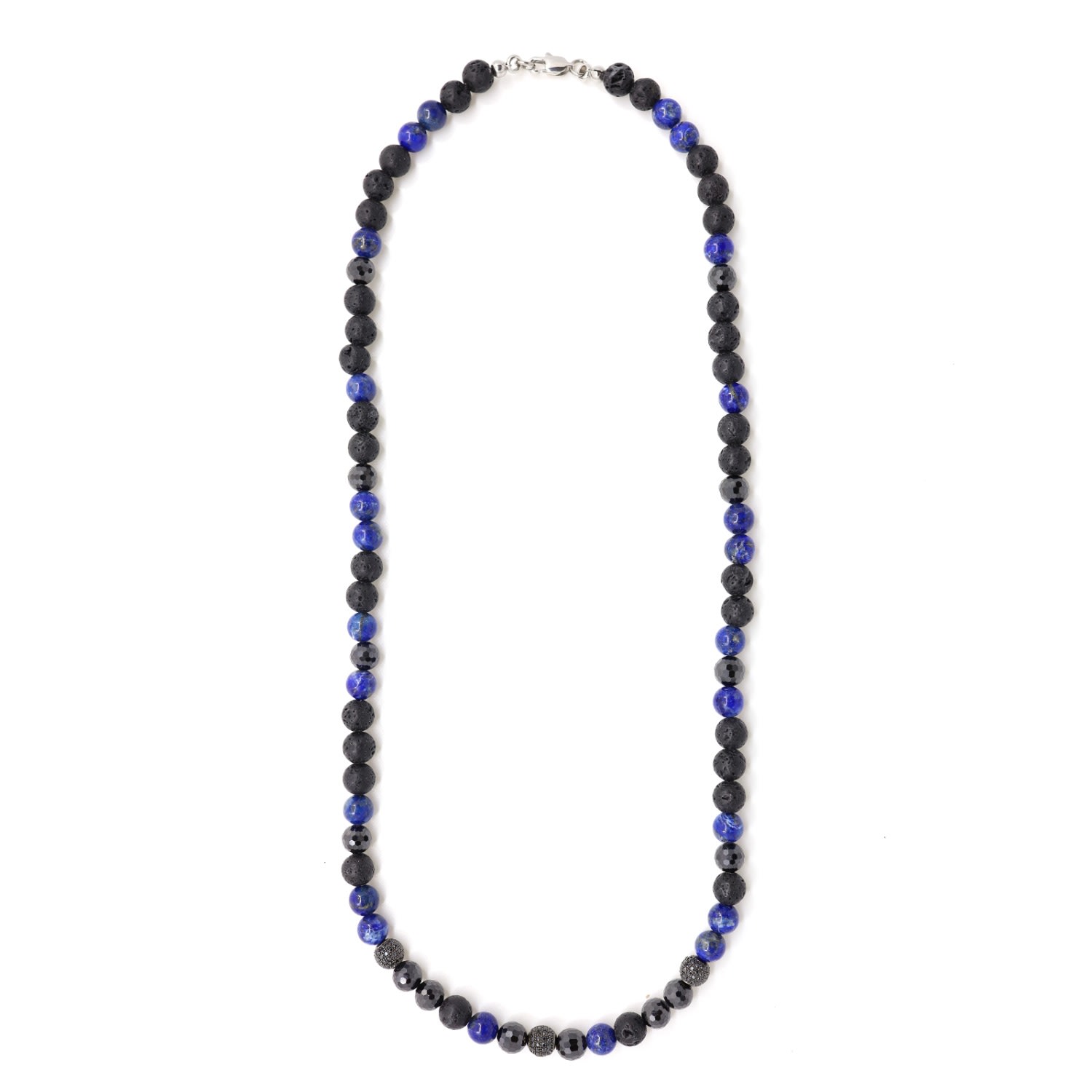 Shar Oke Men's Black / Blue / Silver Black Lava, Blue Lapis Lazuli & Black Cubic Zirconia Beaded Necklace In Multi