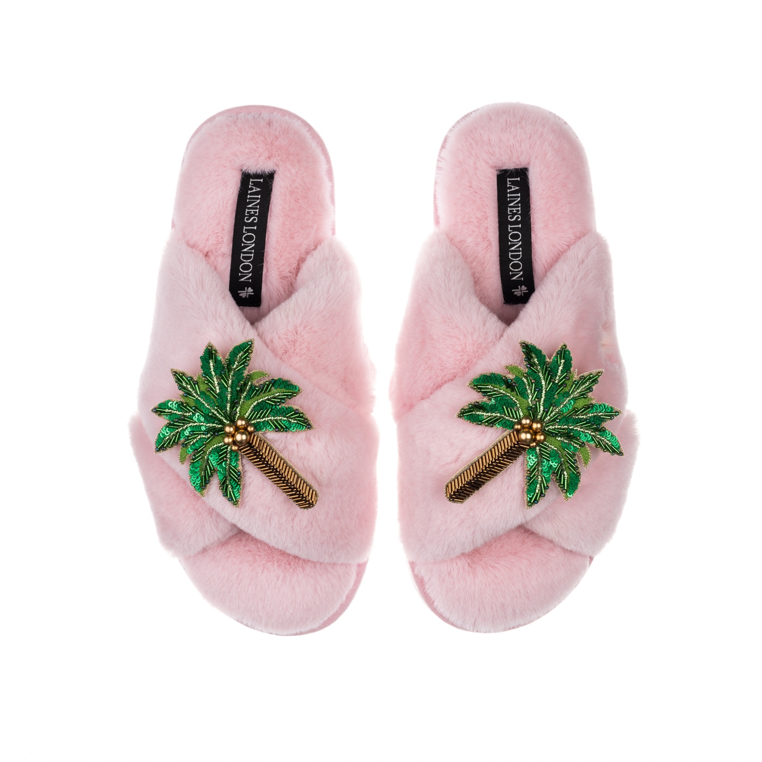 Women's Classic Laines Slippers With Double Palm Tree Brooches - Pink | Small | Laines London