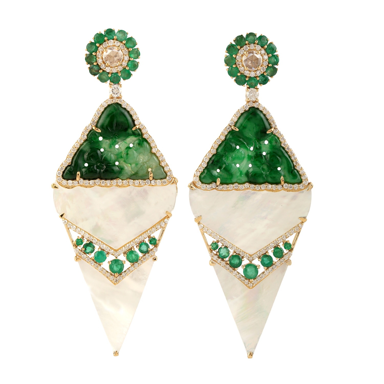 Women’s Green / Gold 18K Yellow Gold Diamond Jade Carving Mother Of Pearl Dangle Earrings Artisan