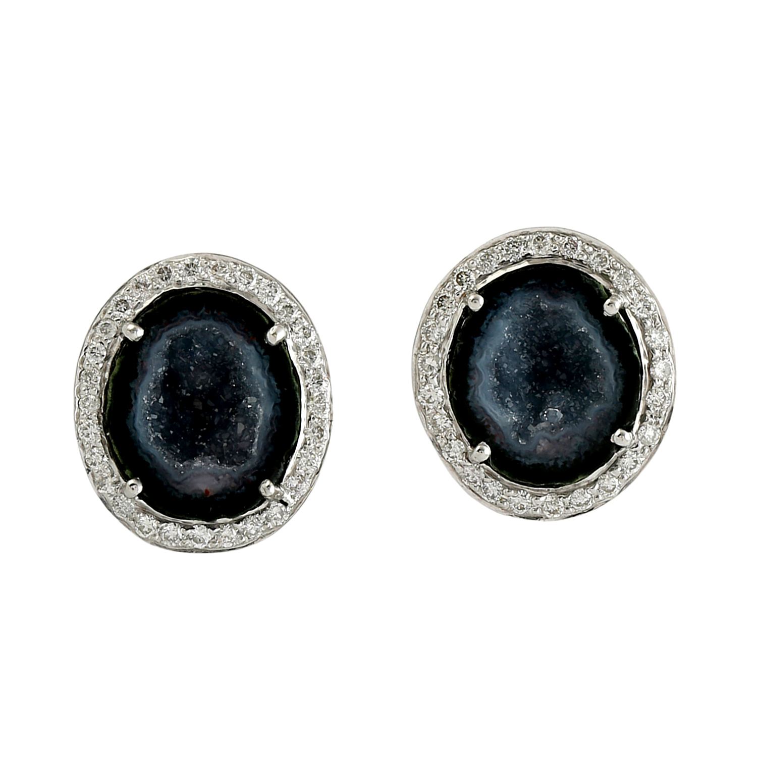 Artisan Women's White / Black Uneven Geode Pave Diamond Stud Earrings In White Gold