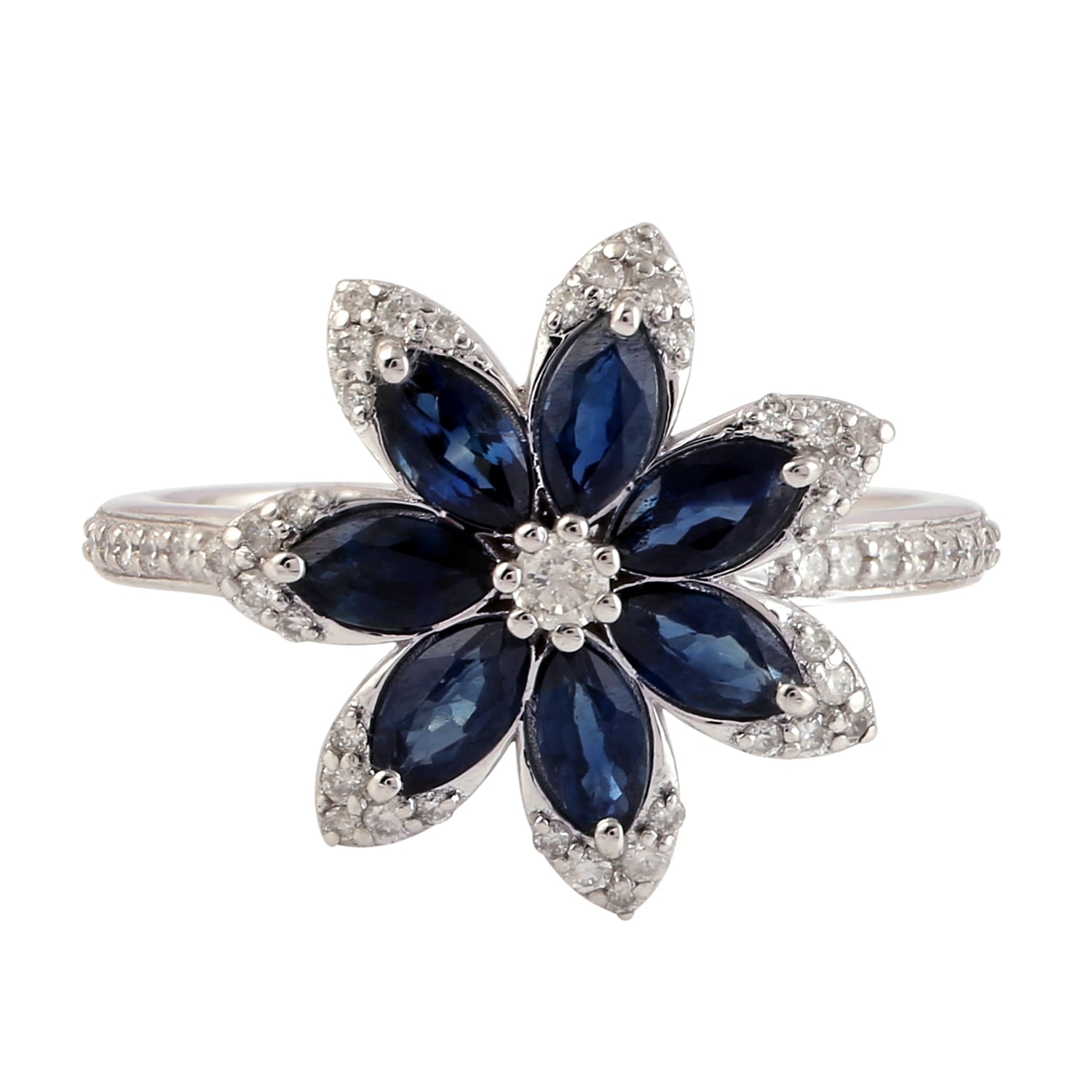 Women’s White / Blue 18K White Gold In Marquise Cut Blue Sapphire & Pave Diamond Magnolia Flower Ring Artisan