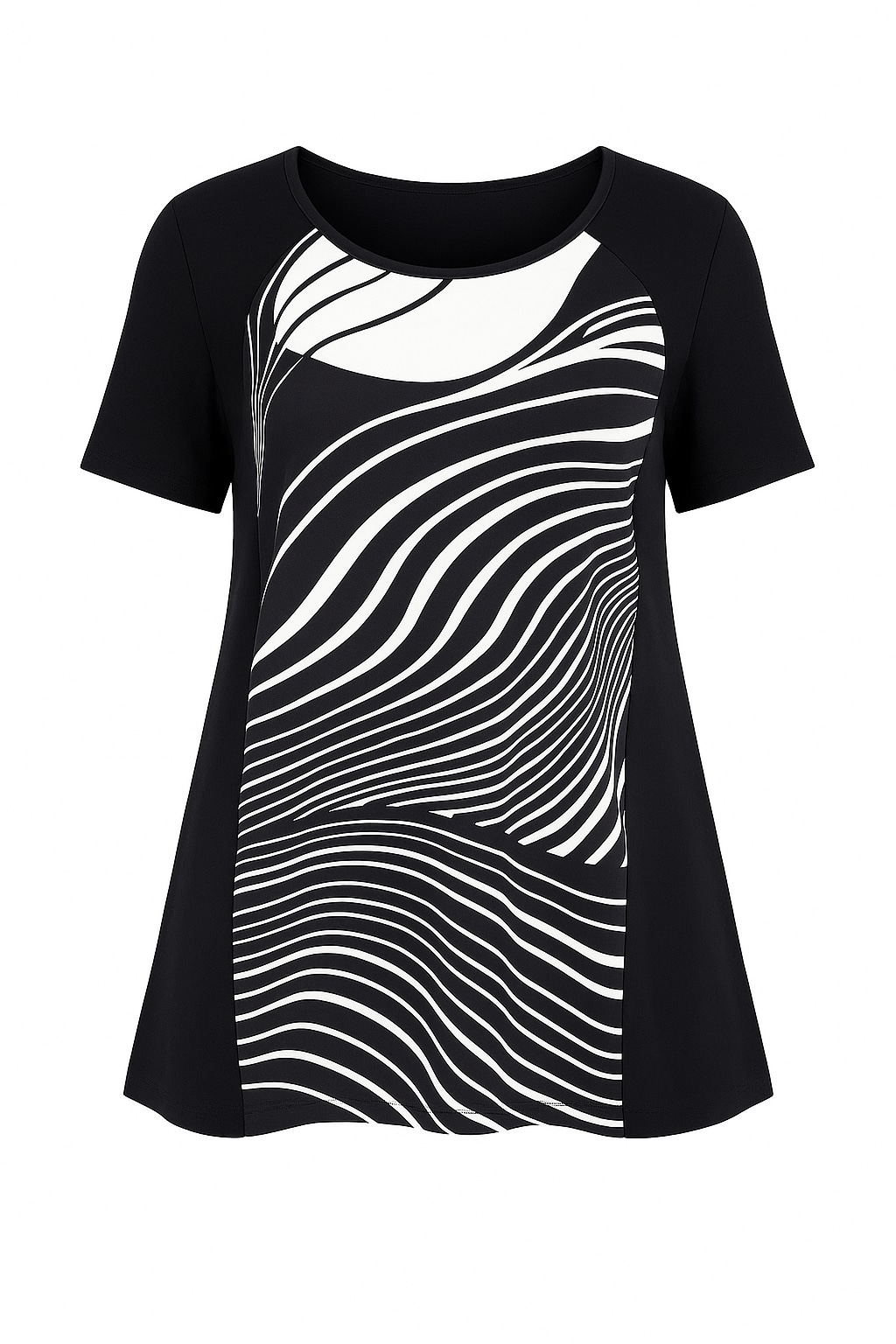 Conquista Women's Black Abstract Wave Print Overlay Tunic Top In Black