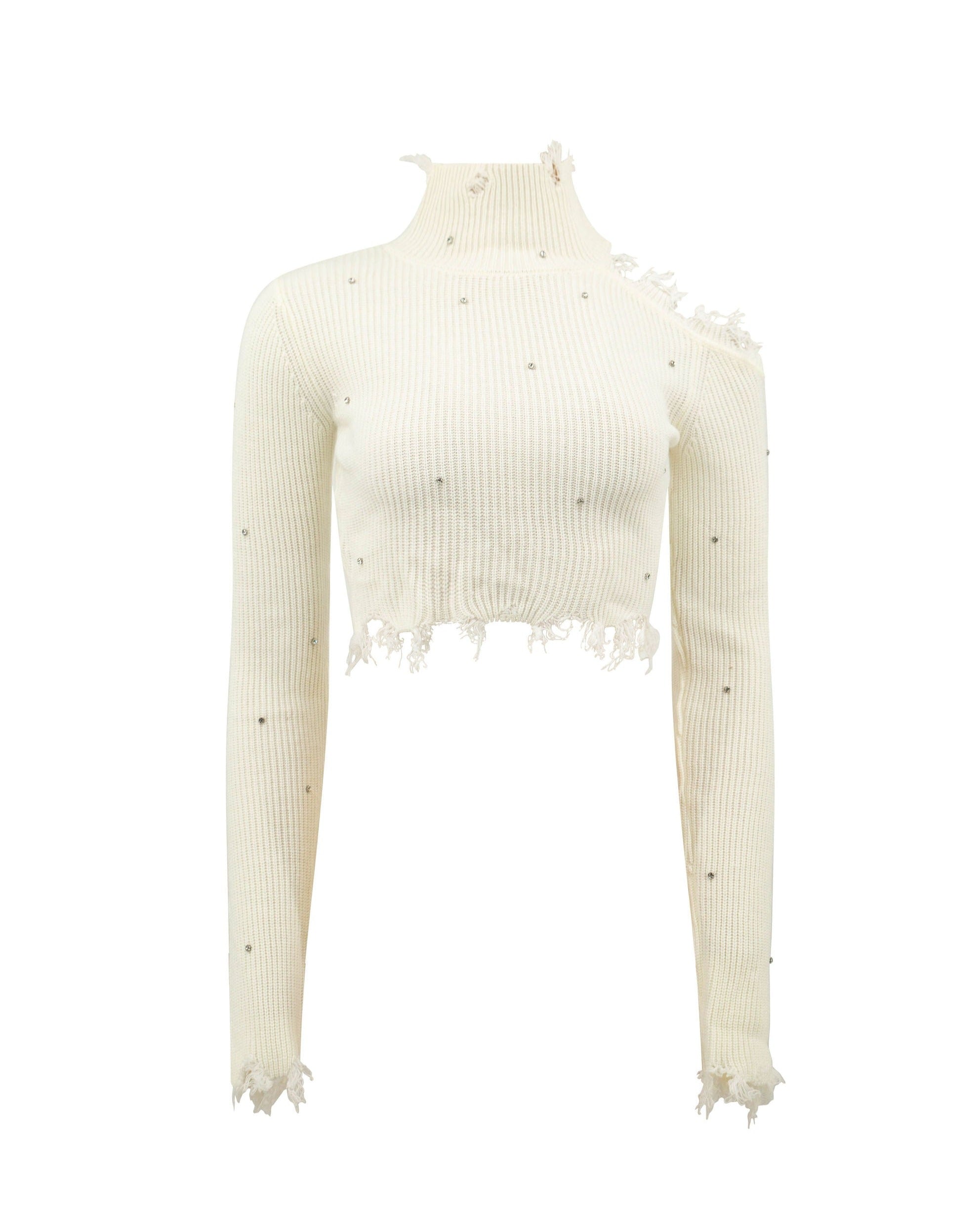 Women’s White Open Shoulder Cropped Sweater With Stones Large Summer Wren