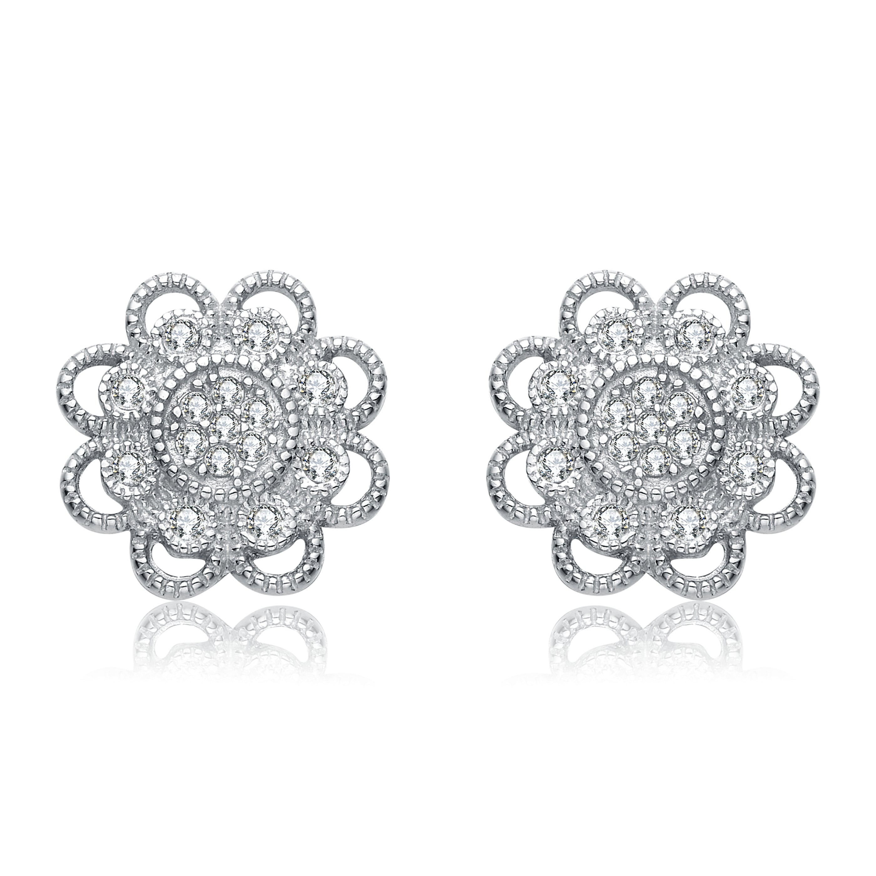 Women’s White / Silver Sterling Silver Cubic Zirconia White Gold Plated Round Lace Design Earrings Genevive Jewelry