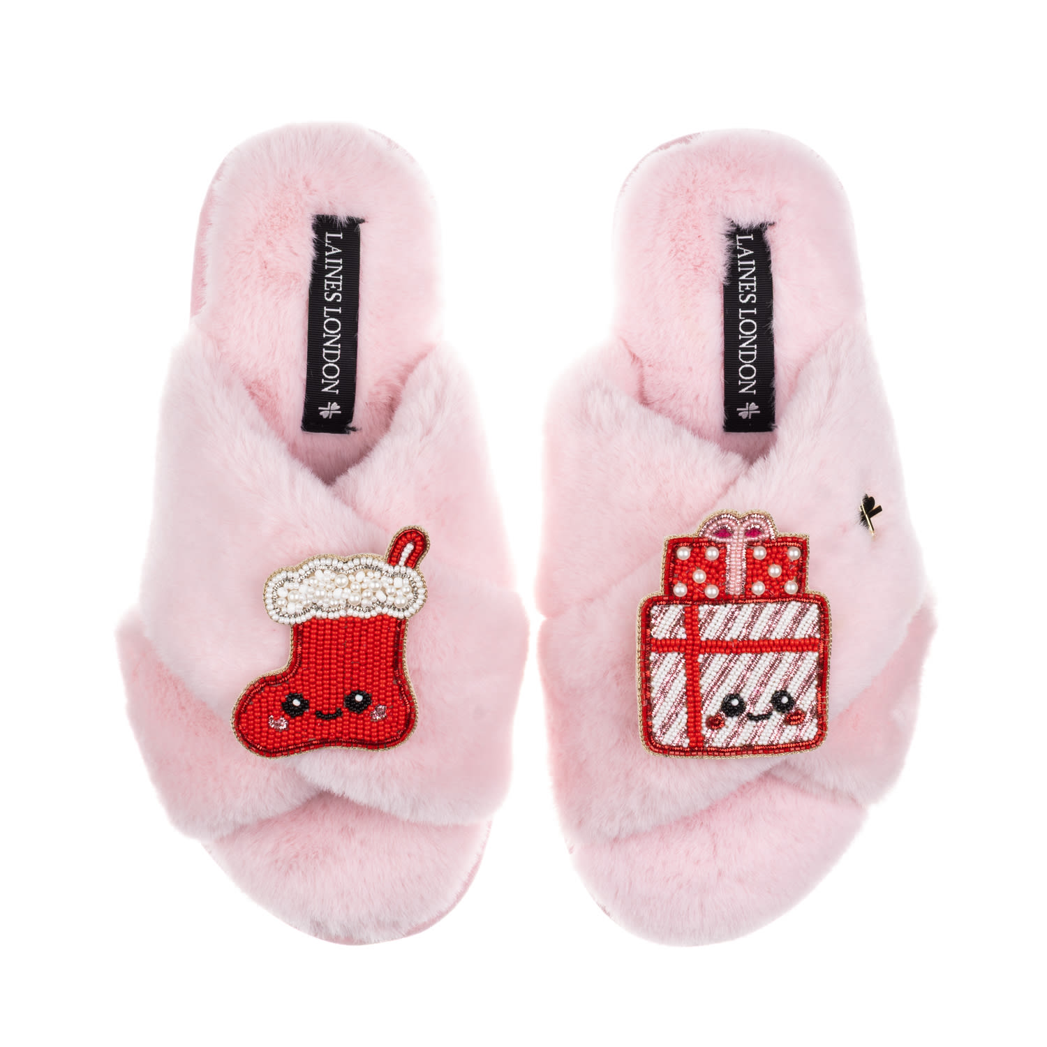 Laines London Women's Classic Slippers With Christmas Laines Lovables Stocking & Gift Brooches - Pink In Pink