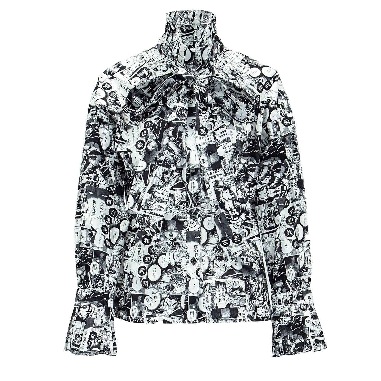 Women’s Chelsea Blouse -Cotton Blouse In Japanese Comic Print W/ Pleated Collar & Long Bow Tie Medium Ju-Nna