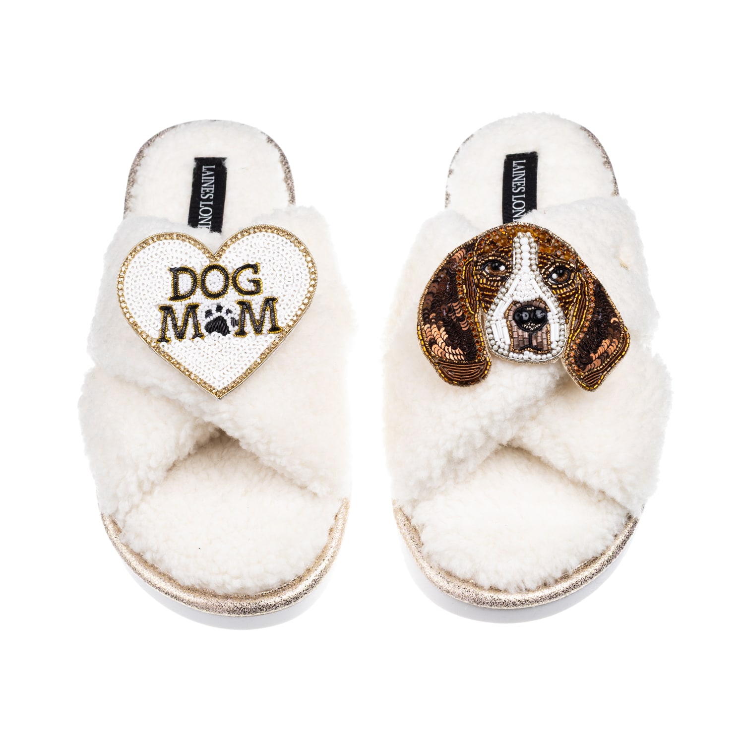 Laines London Women's Neutrals / White Laines Neutral Boucle Slippers With Ziggy The Beagle & Dog Mum / Mom Brooch