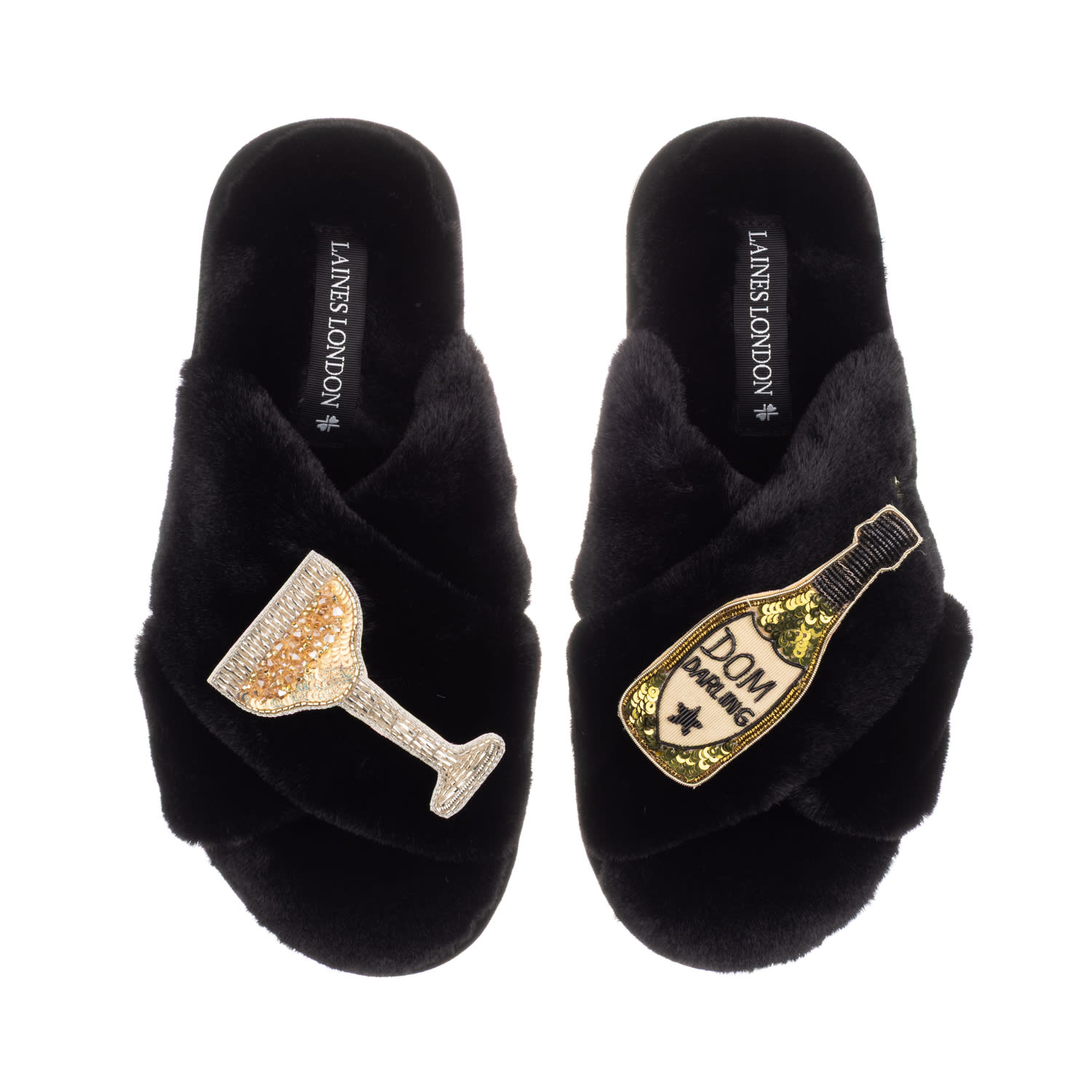 Laines London Women's Classic Laines Slippers With Dom Darling Champagne Brooches - Black In Black