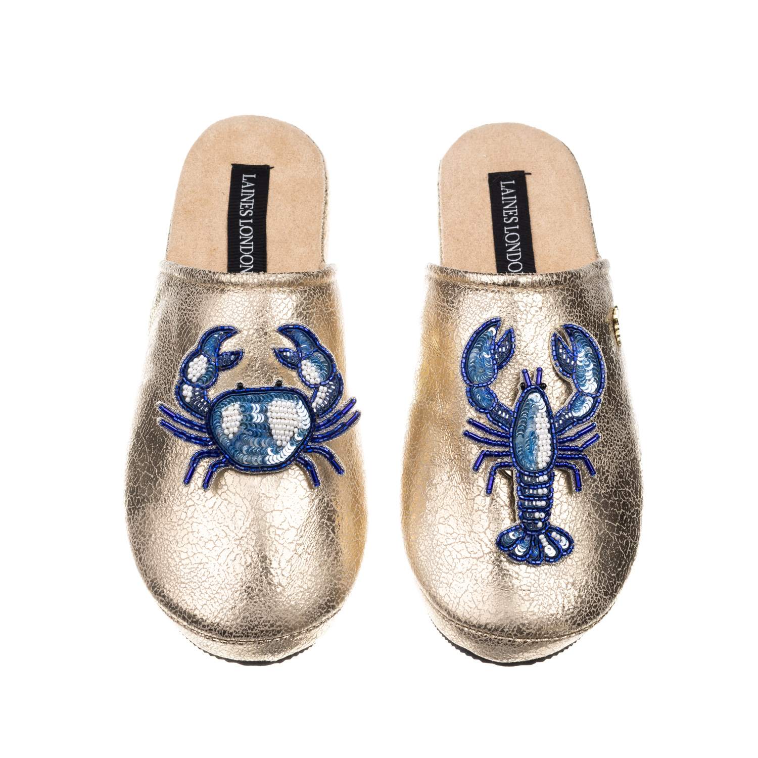 Laines London Women's Gold / Blue  Gold Softie Slippers With Mediterranean Blue Crab & Lobster Brooch In Gold/blue