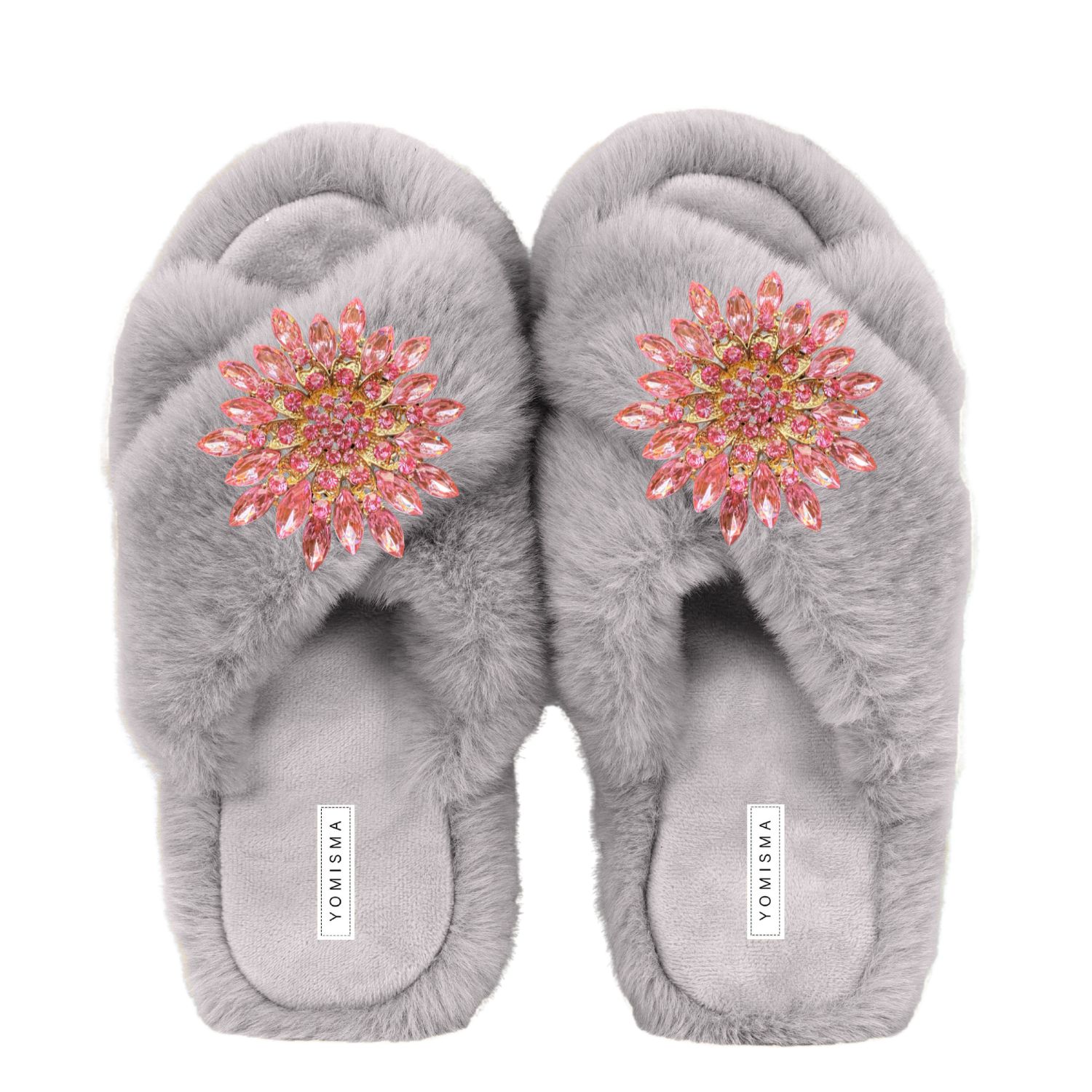 Yomisma Women's Faux Fur Slippers - Global Recycled Standard Certified With Pink Jewel Embellishments - Grey In Grey