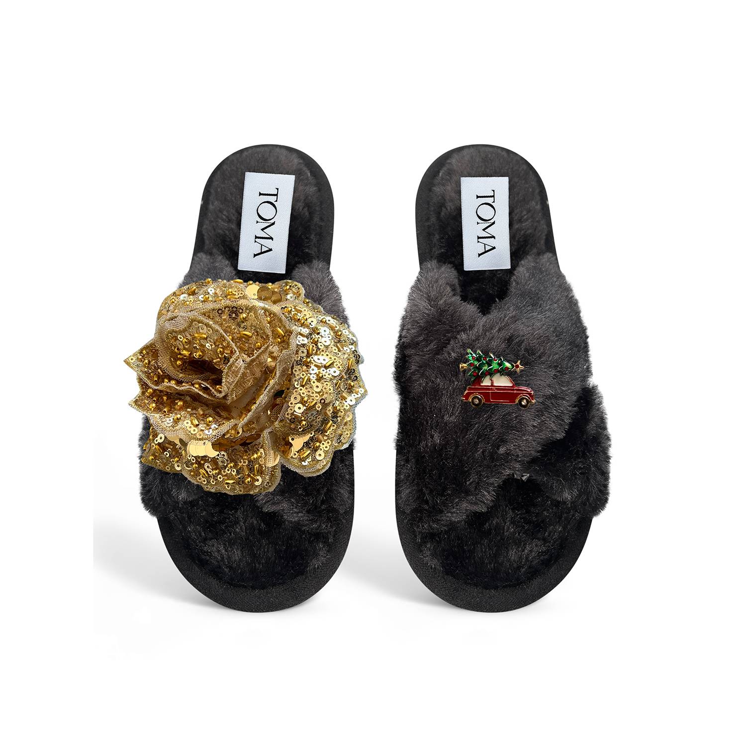 Toma Women's Classic  Faux Fur Open Toe Gold Sequin And Christmas Car Black Slippers In Black