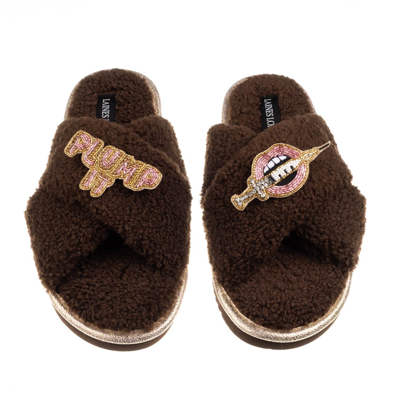 Laines London Women's Brown / Neutrals Laines Neutral Boucle Slippers With Plump It Pout Brooches - Chocolate In Brown