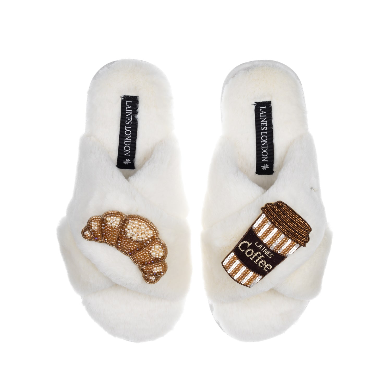 Women's White Classic Laines Slippers With Coffee Cup & Croissant Brooches - Cream | Medium | Laines London