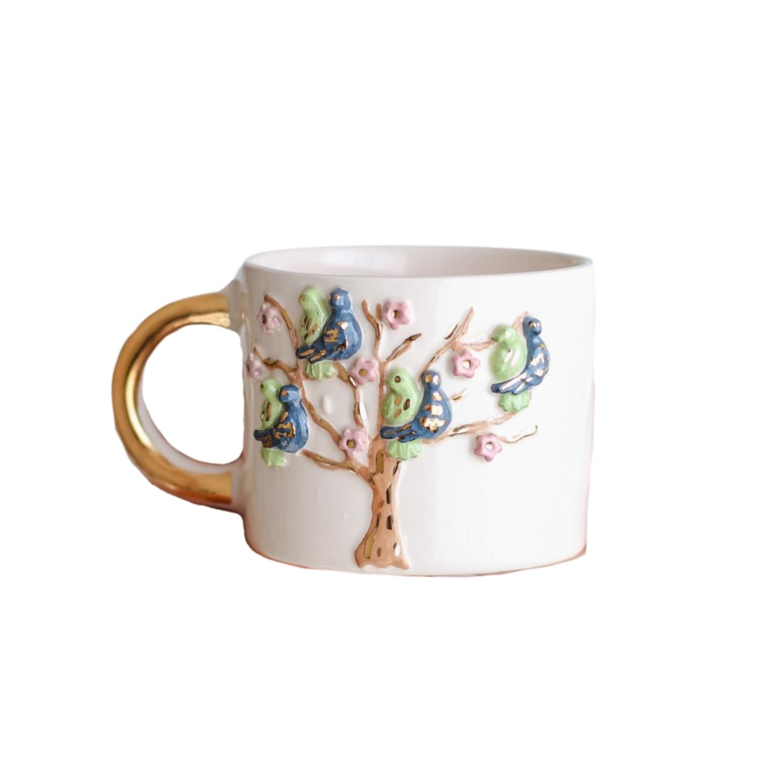 Anatoliacraft Blue / Green / Pink Blossom Tree Mug With Hand-painted Birds & Golden Handle – Nature-inspired Ceram