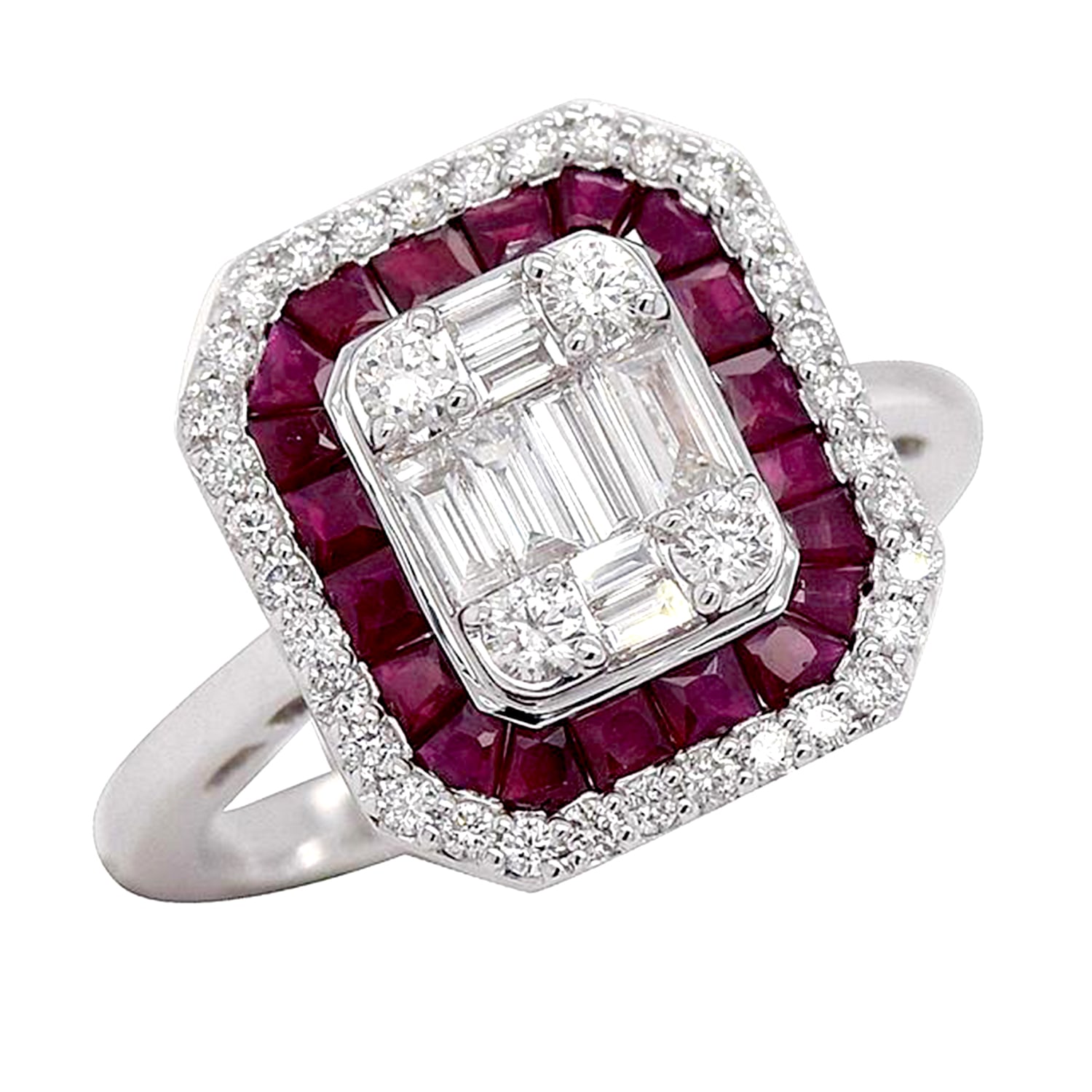 Women’s White / Red Baguette Diamond & Ruby Gemstone In 18K White Gold Designer Cocktail Ring Artisan