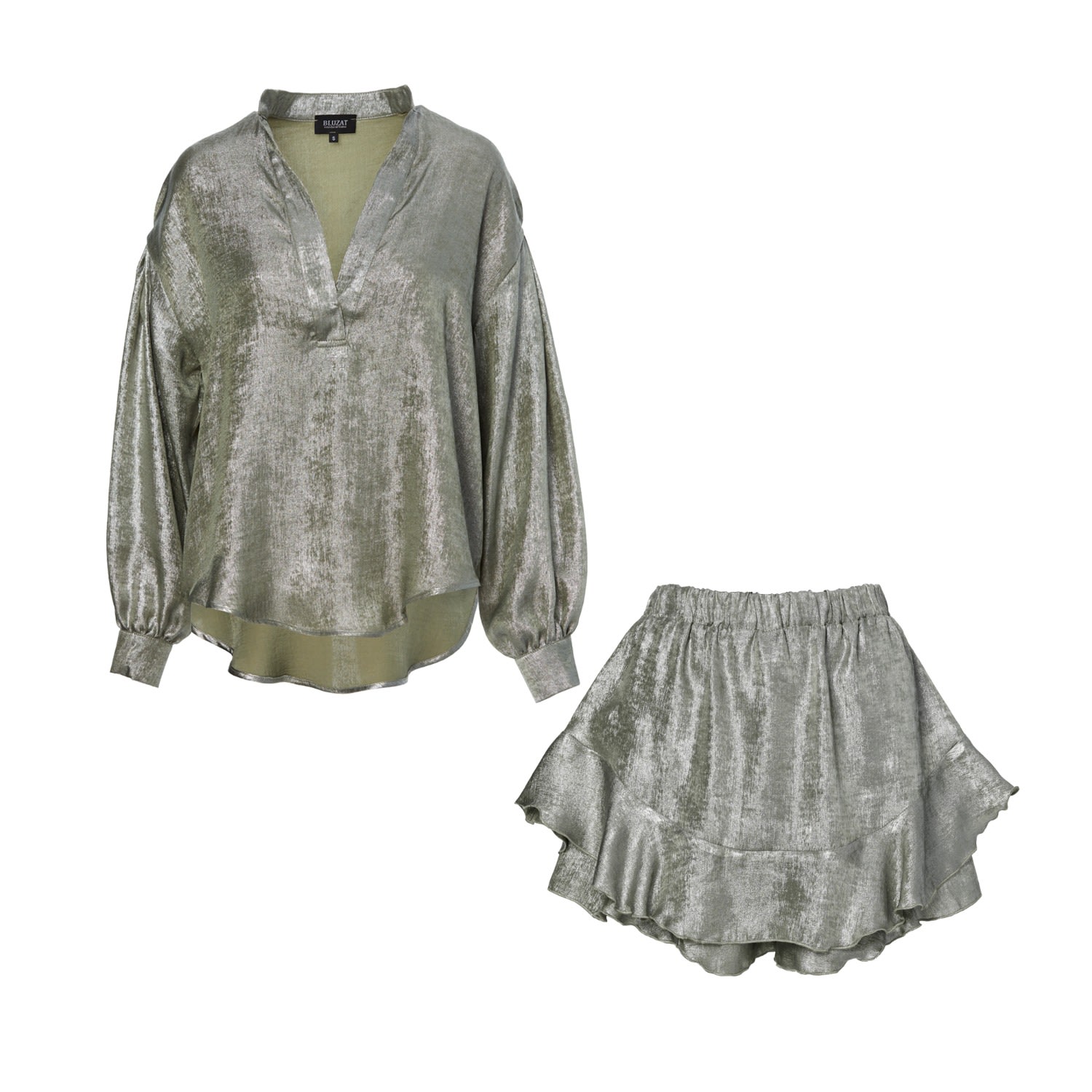 Women’s Silver Mint - Metallic Set With Blouse And Ruffled Pants With Skirt Extra Small Bluzat