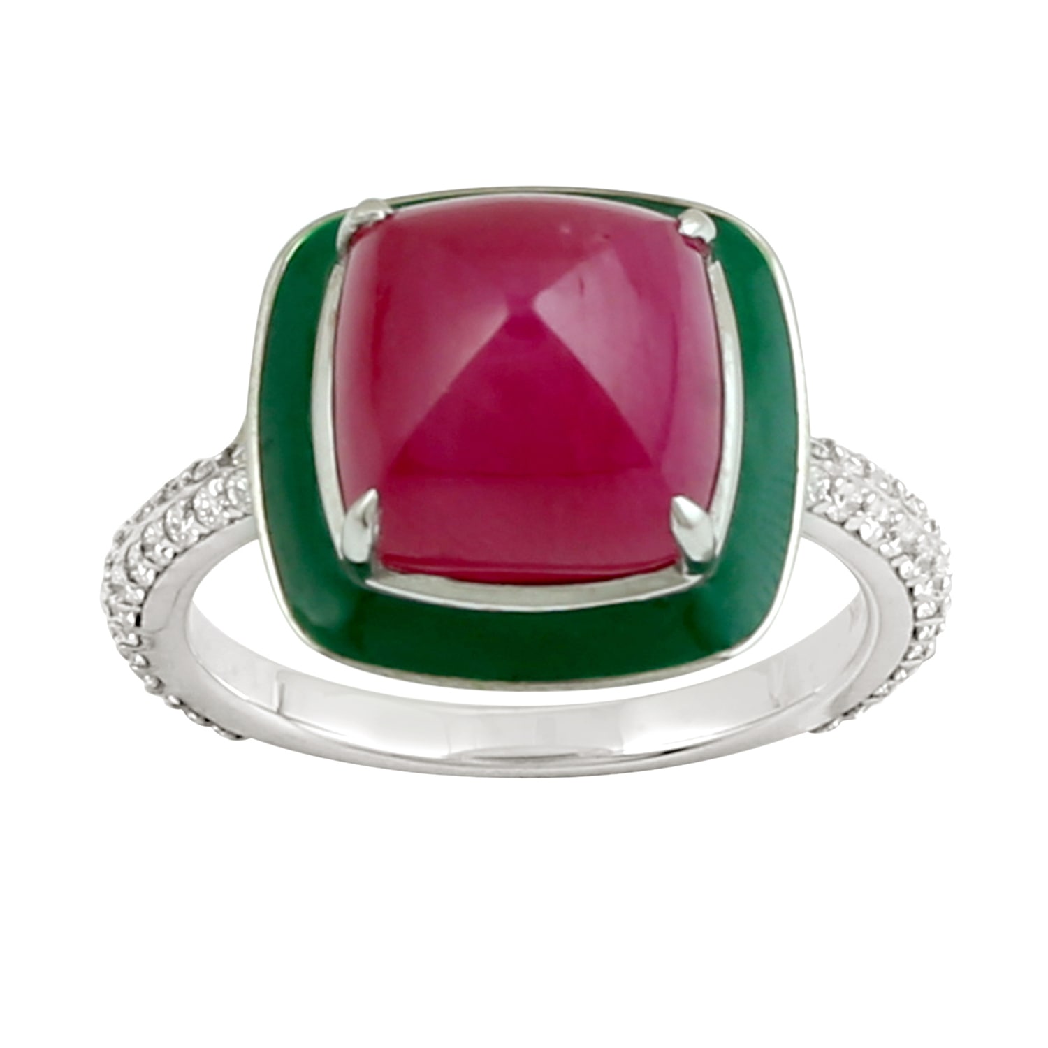 Artisan Women's Pink / Green / White Pyramid Ruby & Diamond Enamel Statement Cocktail Ring – White Gold In Multi