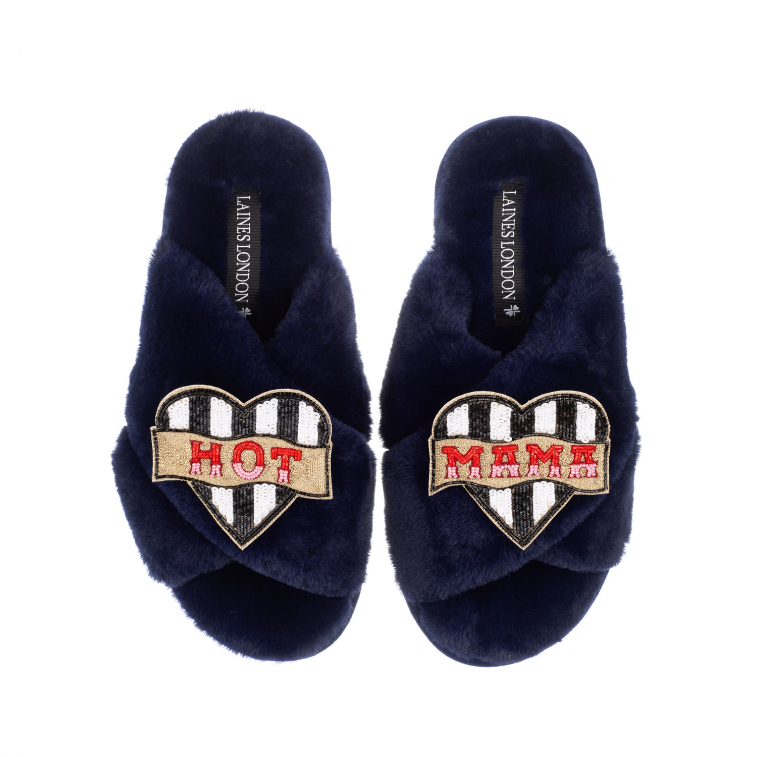 Laines London Women's Blue Classic Laines Slippers With Mother's Day Hot Mama Brooches - Navy In Blue