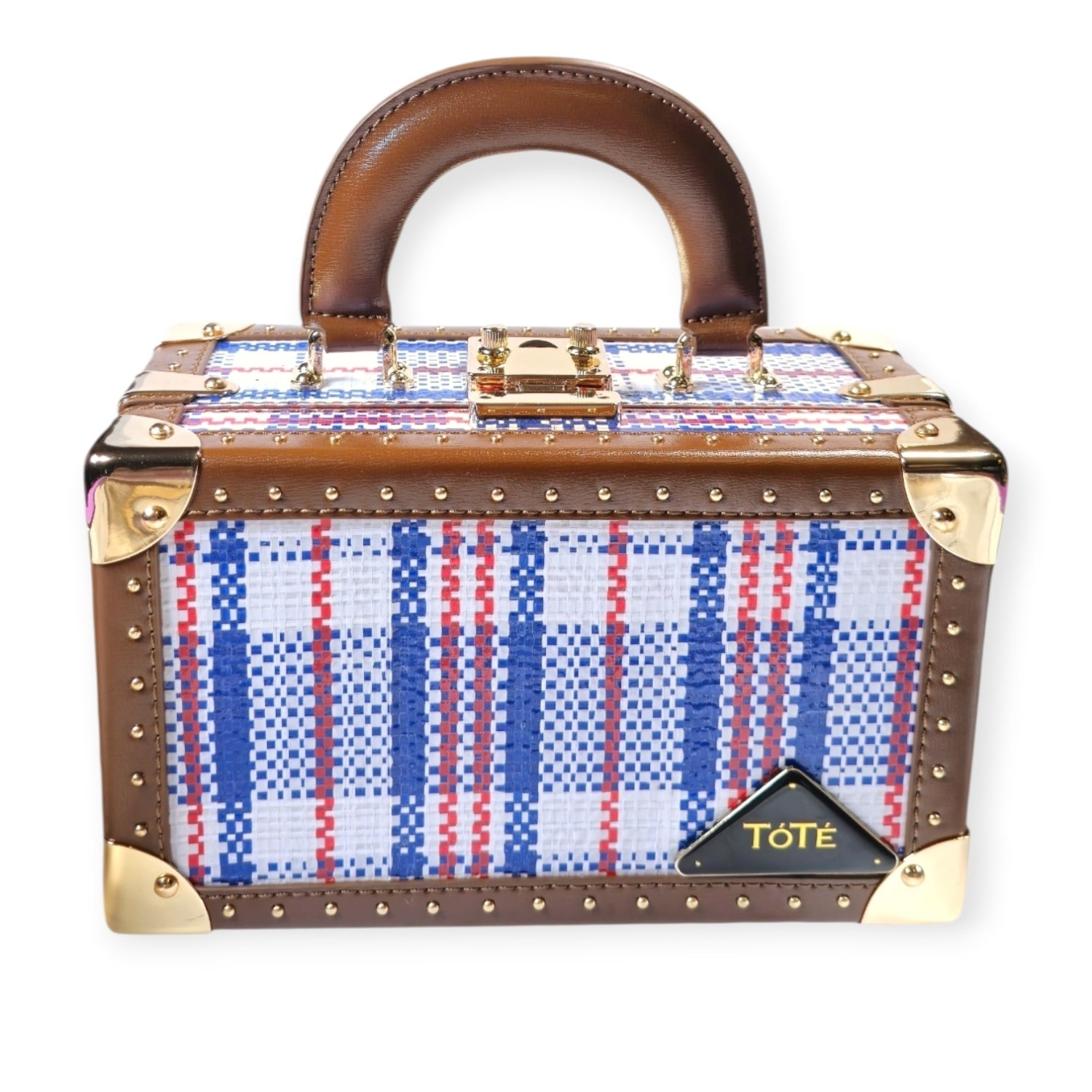 Tote London Women's Blue  Esinam Plaid Upcycled Mini Trunk Handbag With Gold Studs In Multi