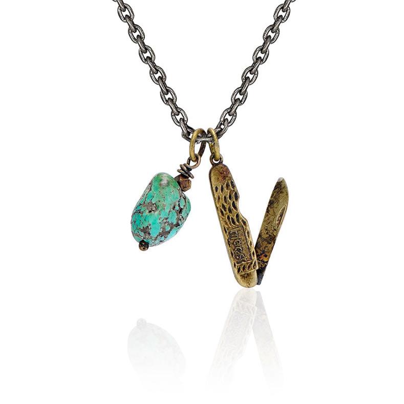 Cartography Men's Green / Blue / Gold December's Child - Pocket Knife Necklace In Sterling Silver And Turquoise