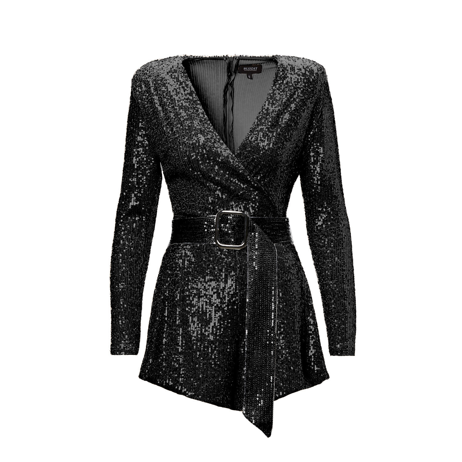 Bluzat Women's Black Sequin Mini Jumpsuit With Proeminent Shoulders And Belt In Black